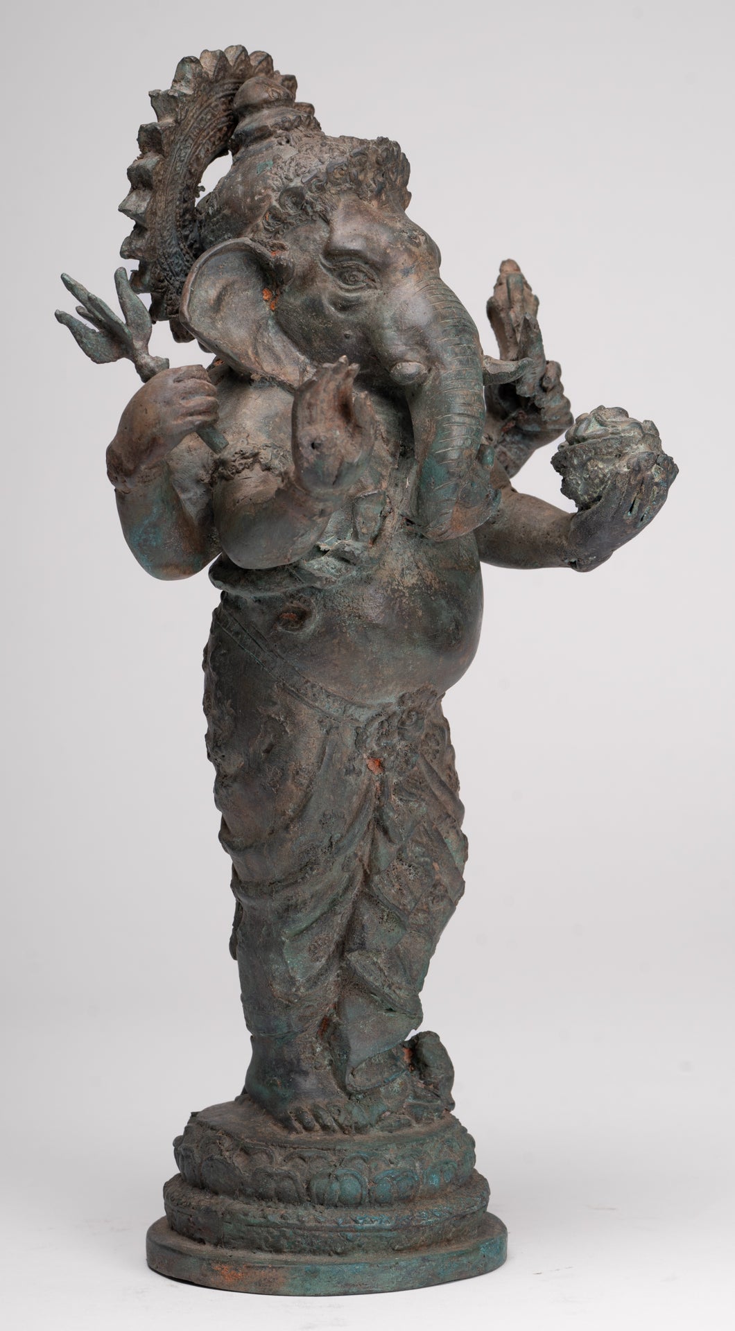 Ganesha Statue - Antique Thai Style Bronze Standing 4-Arm Ganesha Statue - 35cm/14"