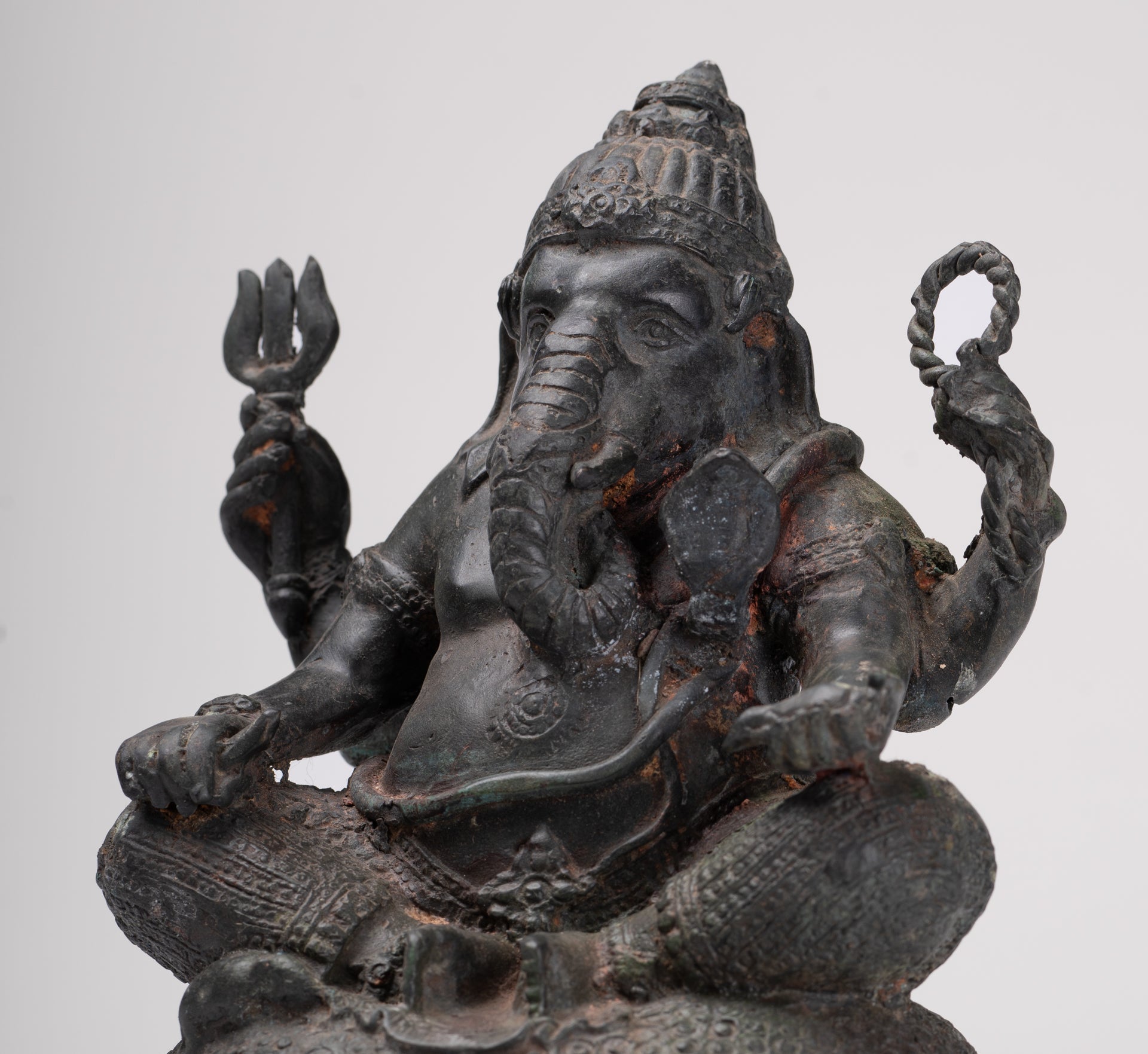 Ganesha Statue - Antique Thai Style Bronze Seated 4-Arm Ganesha Statue - 21cm/8"
