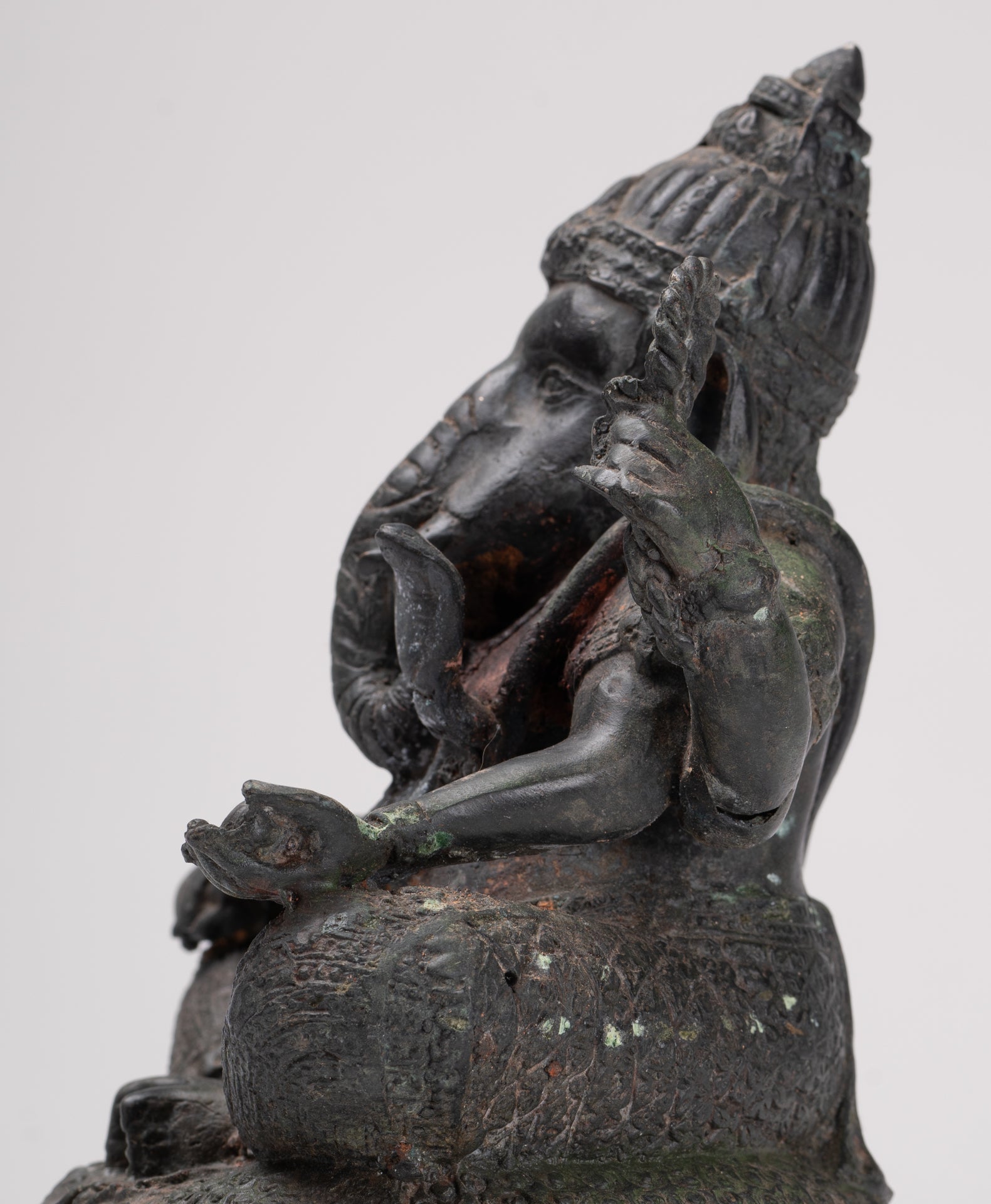 Ganesha Statue - Antique Thai Style Bronze Seated 4-Arm Ganesha Statue - 21cm/8"