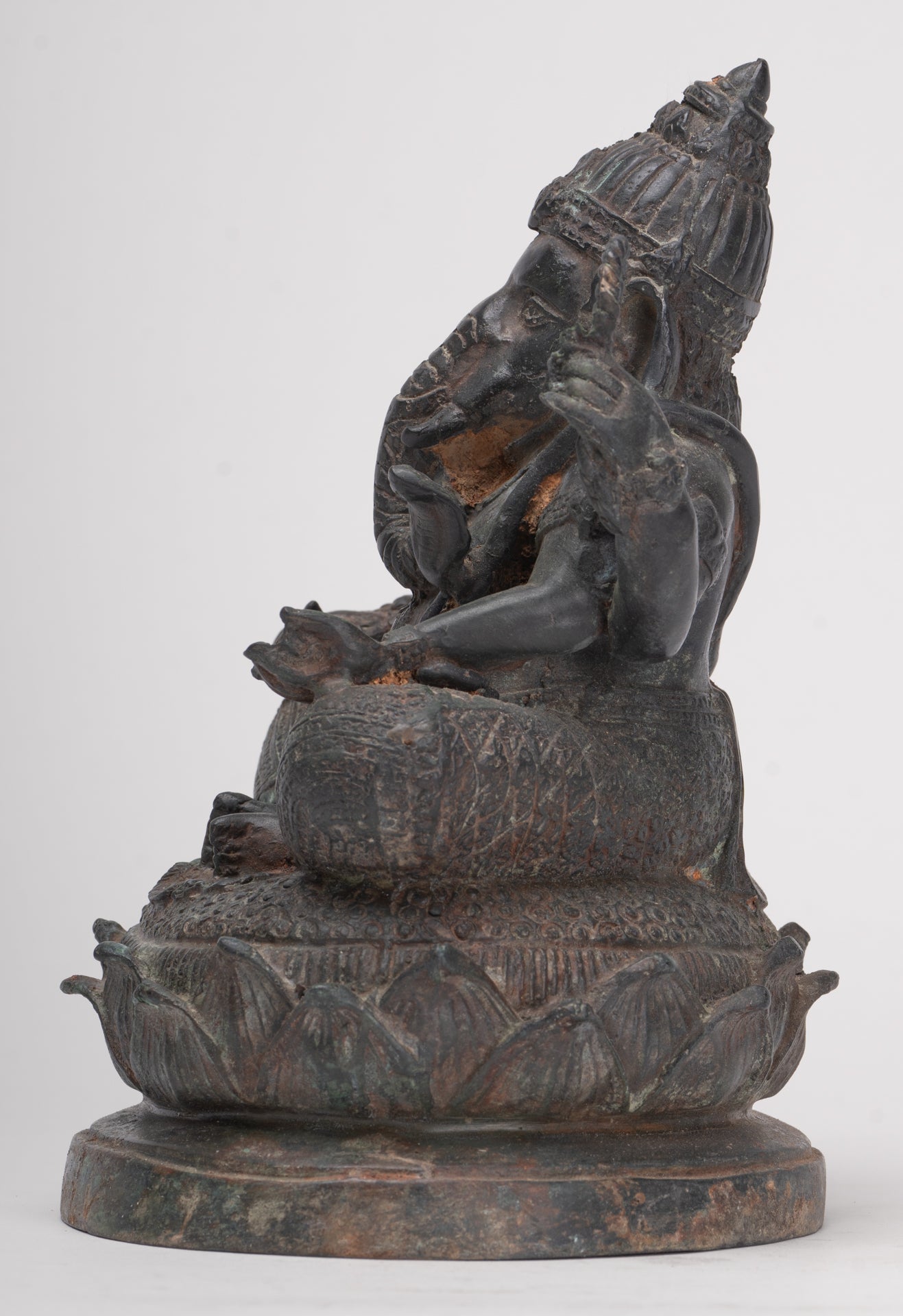 Ganesha Statue - Antique Thai Style Bronze Seated 4-Arm Ganesha Statue - 20cm/8"