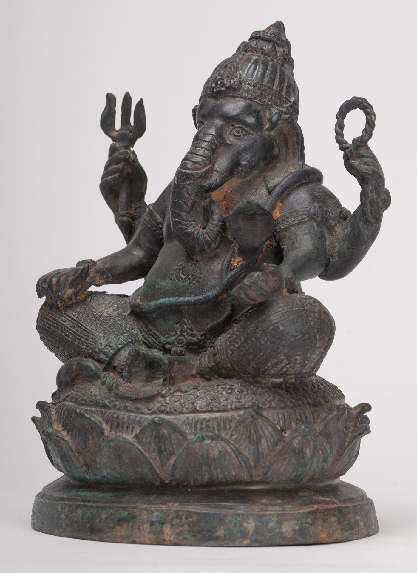 Ganesha Statue - Antique Thai Style Bronze Seated 4-Arm Ganesha Statue - 20cm/8"