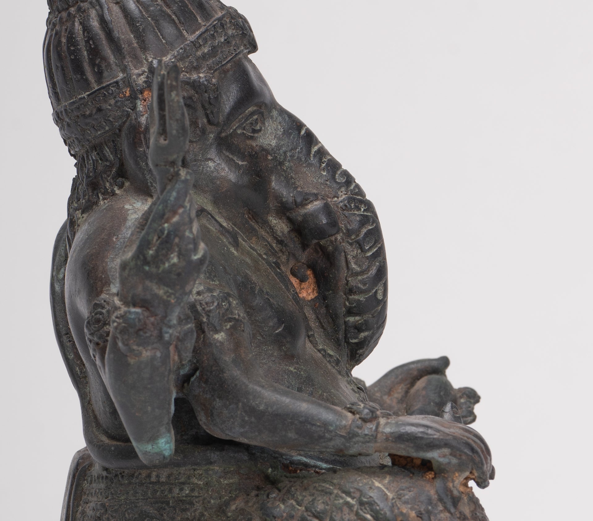 Ganesha Statue - Antique Thai Style Bronze Seated 4-Arm Ganesha Statue - 20cm/8"