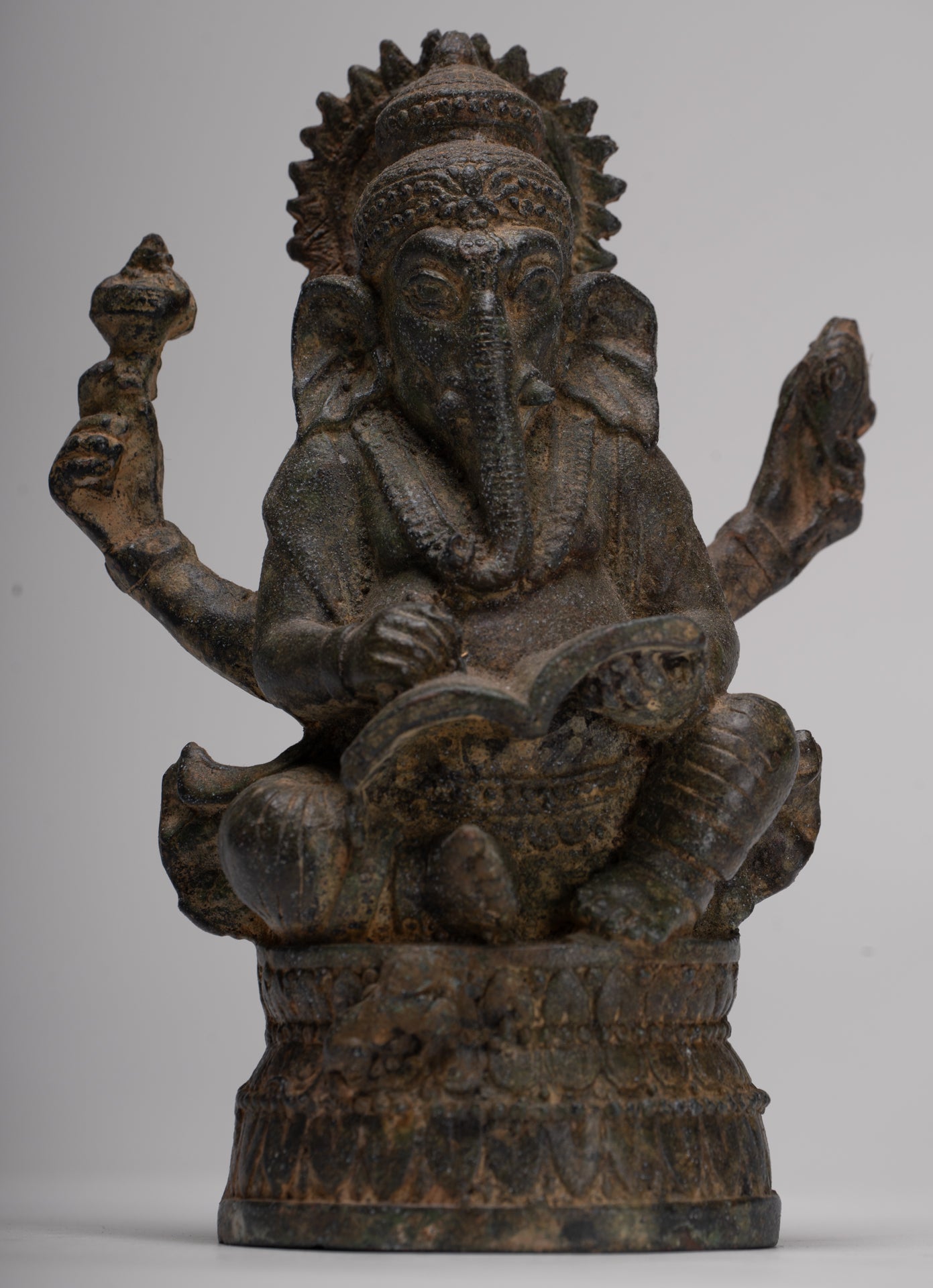 Ganesha Statue - Antique Thai Style Seated Bronze Ganesh Statue - 16cm/6"