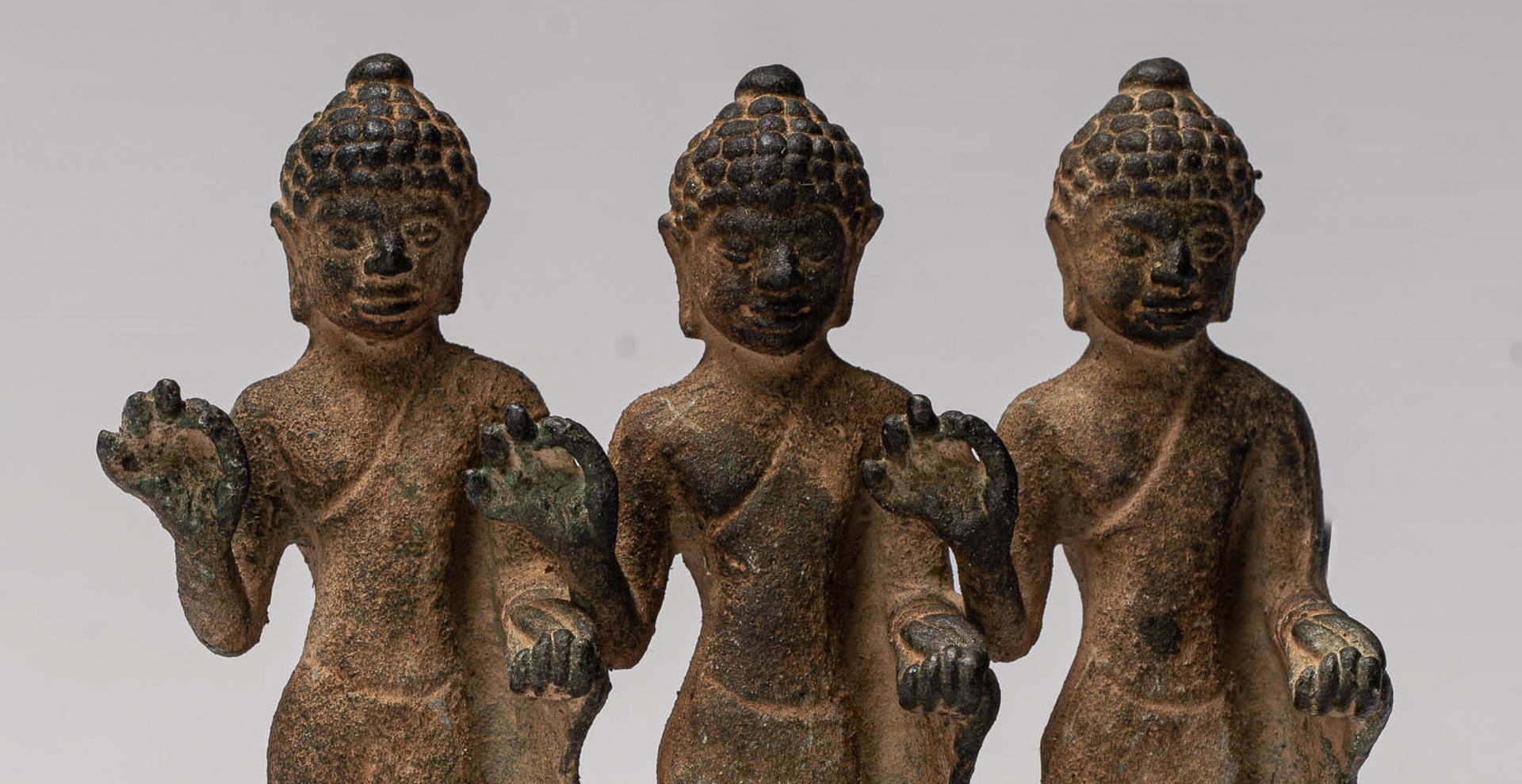 Buddha Statue - Antique Thai Style Standing Bronze Teaching Buddha Statue Triptych- 11.5cm/5"