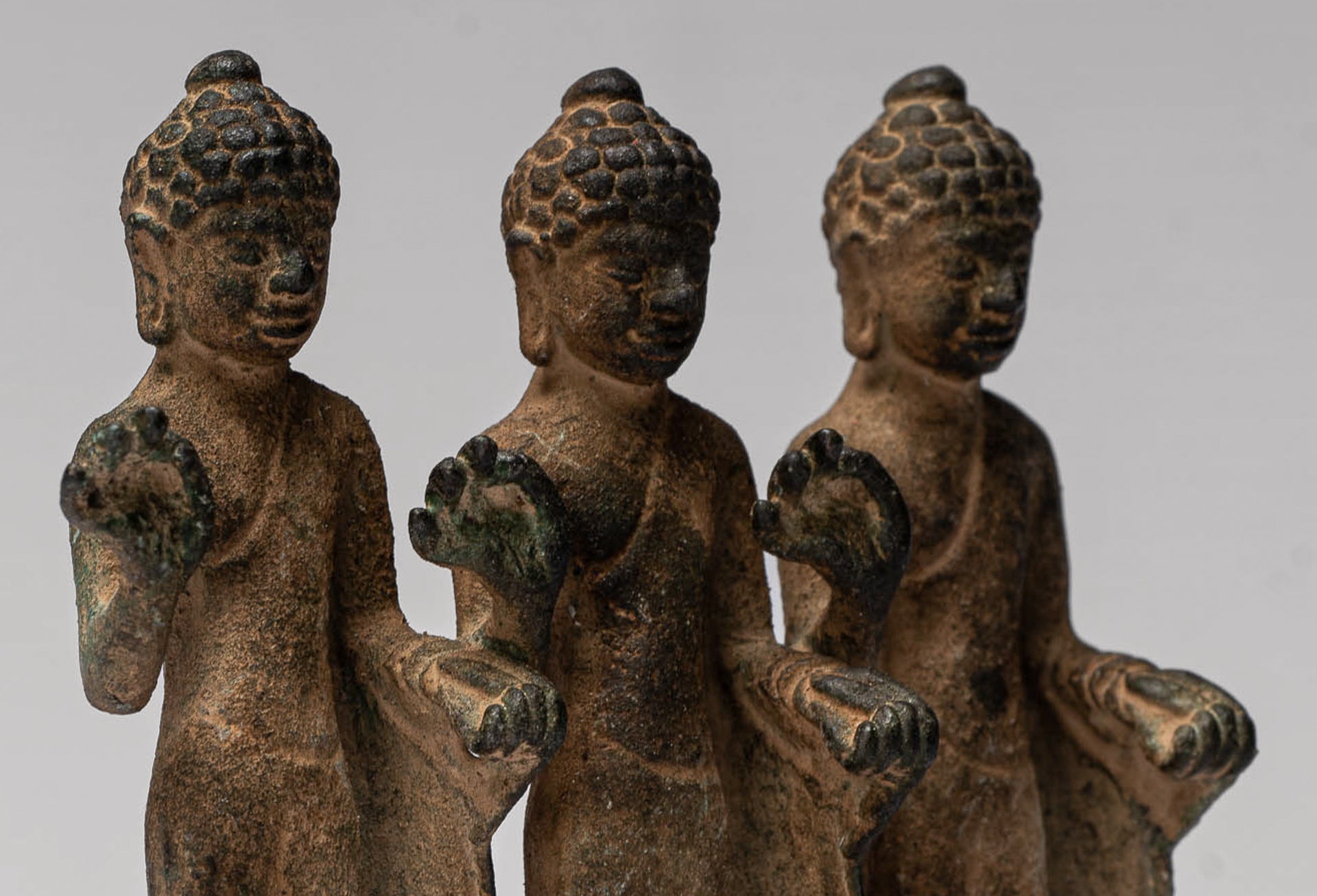 Buddha Statue - Antique Thai Style Standing Bronze Teaching Buddha Statue Triptych- 11.5cm/5"
