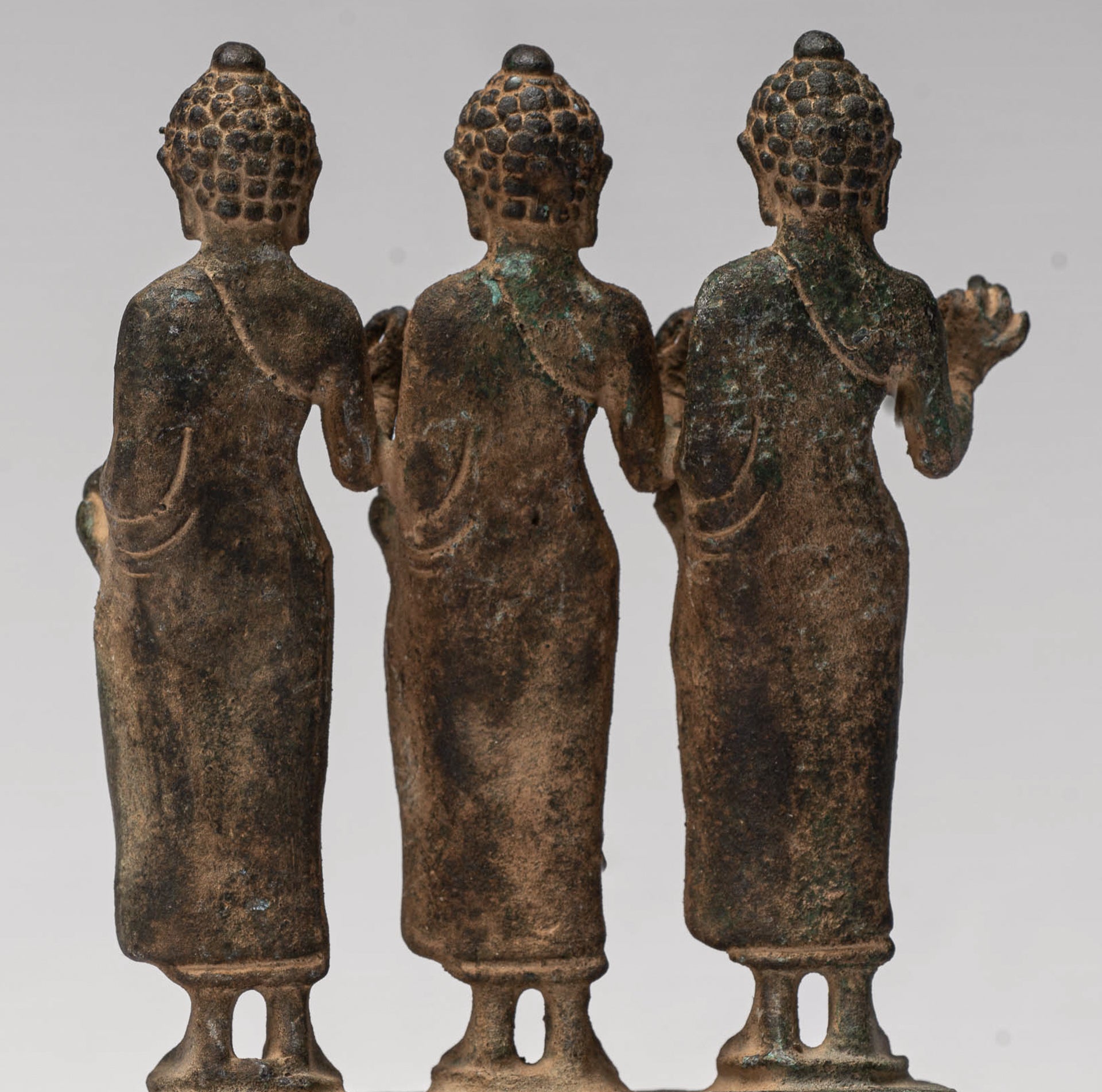 Buddha Statue - Antique Thai Style Standing Bronze Teaching Buddha Statue Triptych- 11.5cm/5"