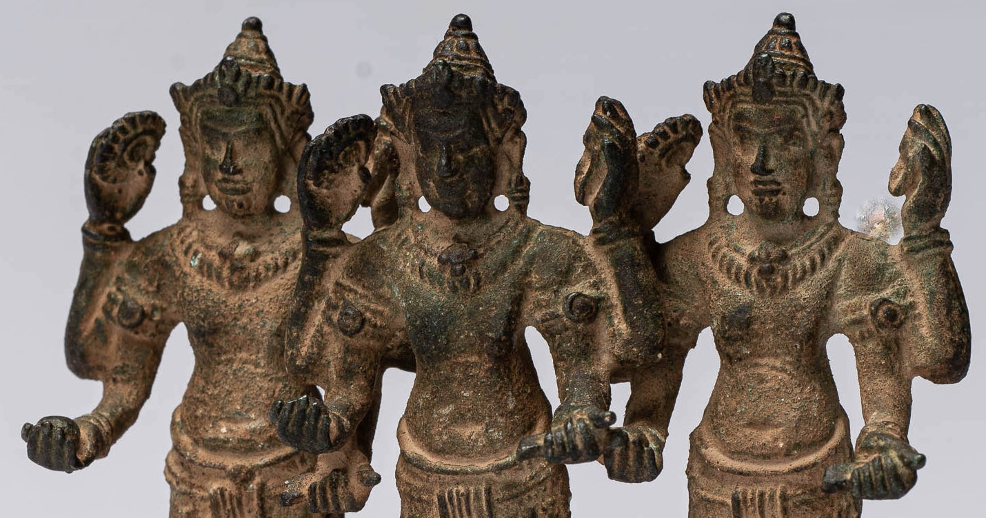 Vishnu Statue - Antique Khmer Style Standing Bronze Angkor Wat Vishnu Statue Triptych- 9.5cm/4"