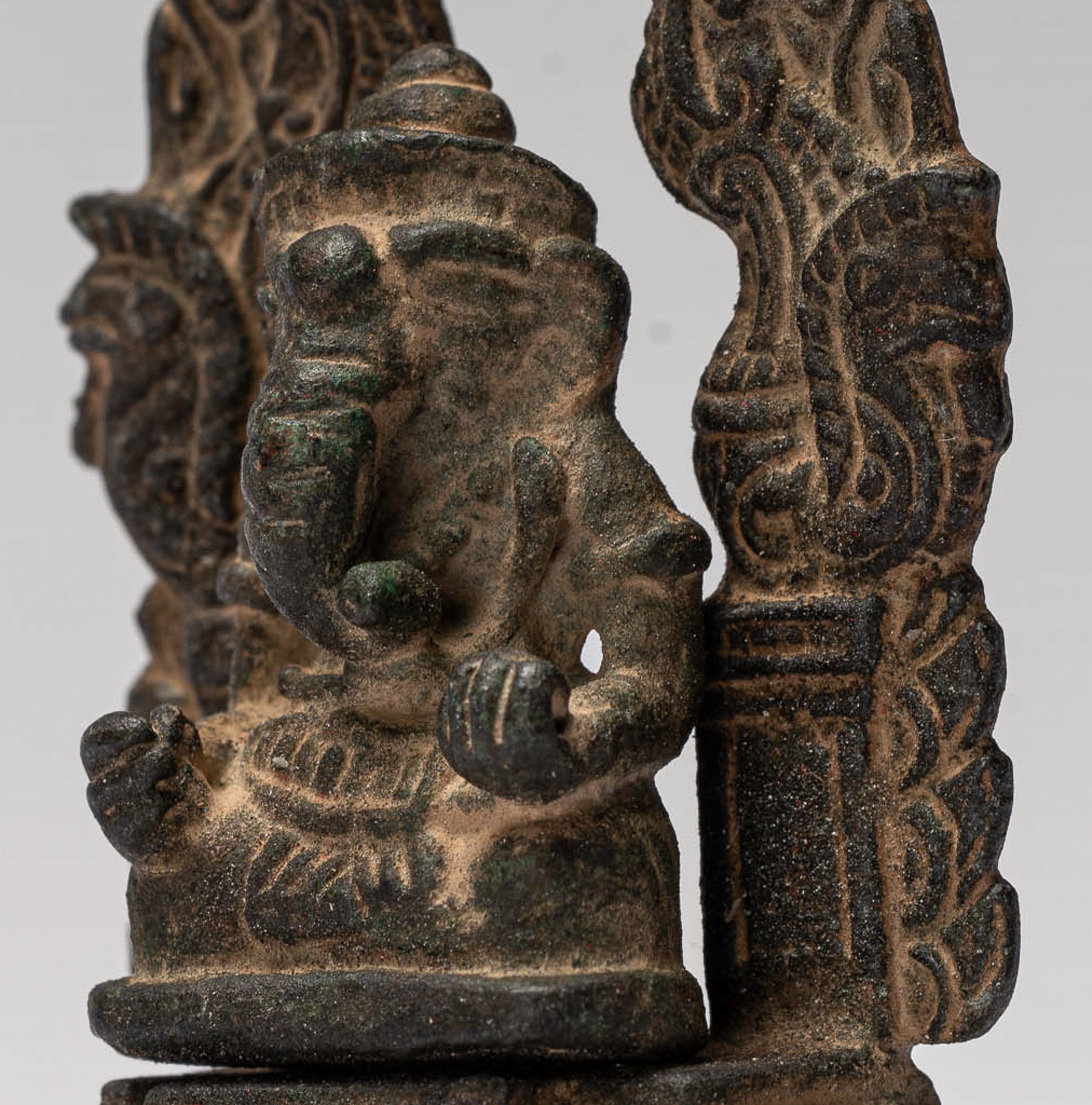 Ganesha Statue - Antique Thai Style Enthroned Bronze Seated Ganesha Statue - 6.5cm/3"