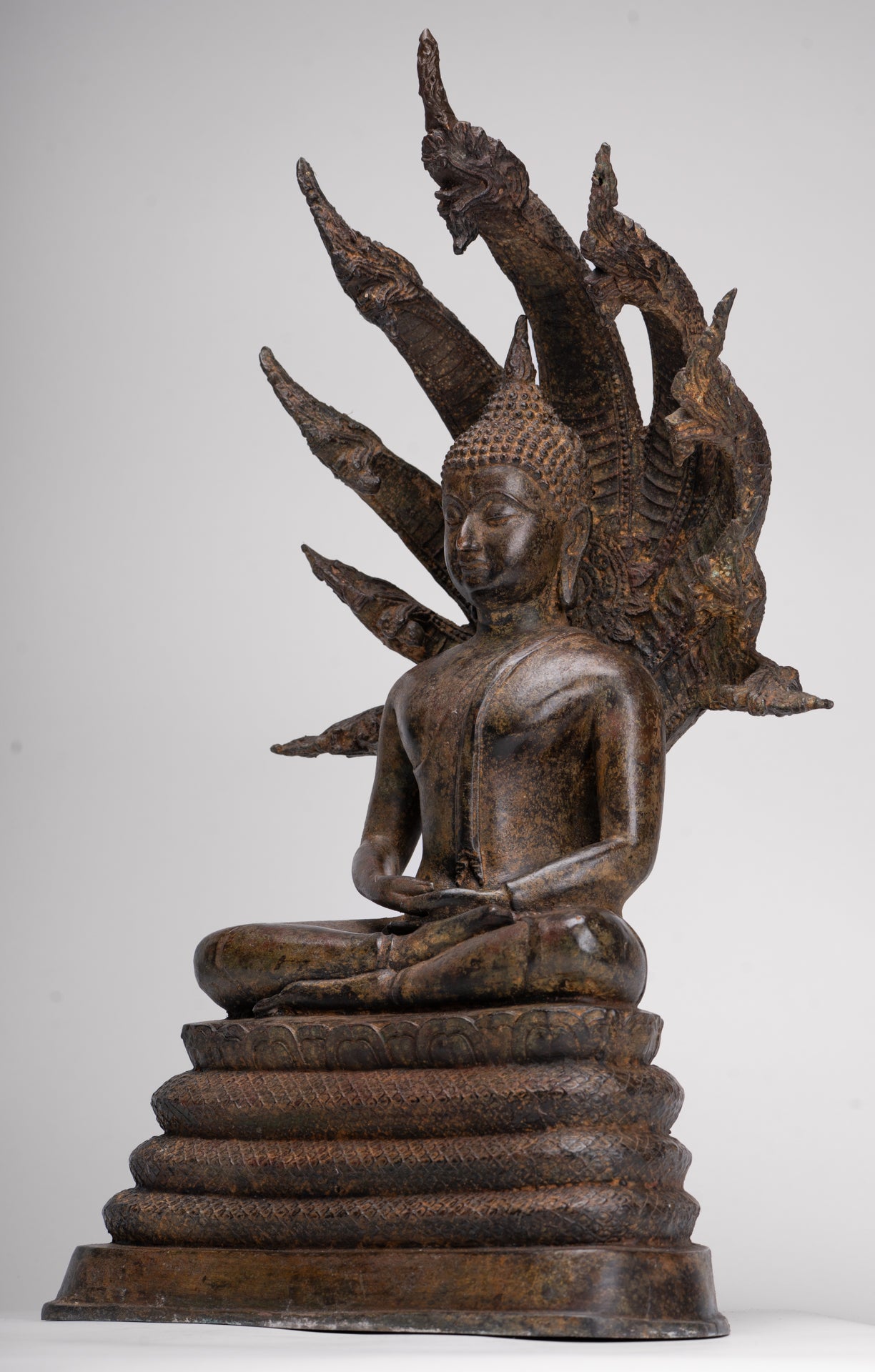 Buddha Statue - Antique Thai Style Seated Bronze Naga Meditation Buddha - 53cm/21"