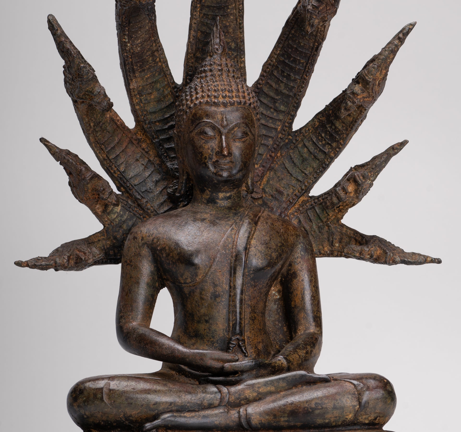 Buddha Statue - Antique Thai Style Seated Bronze Naga Meditation Buddha - 53cm/21"