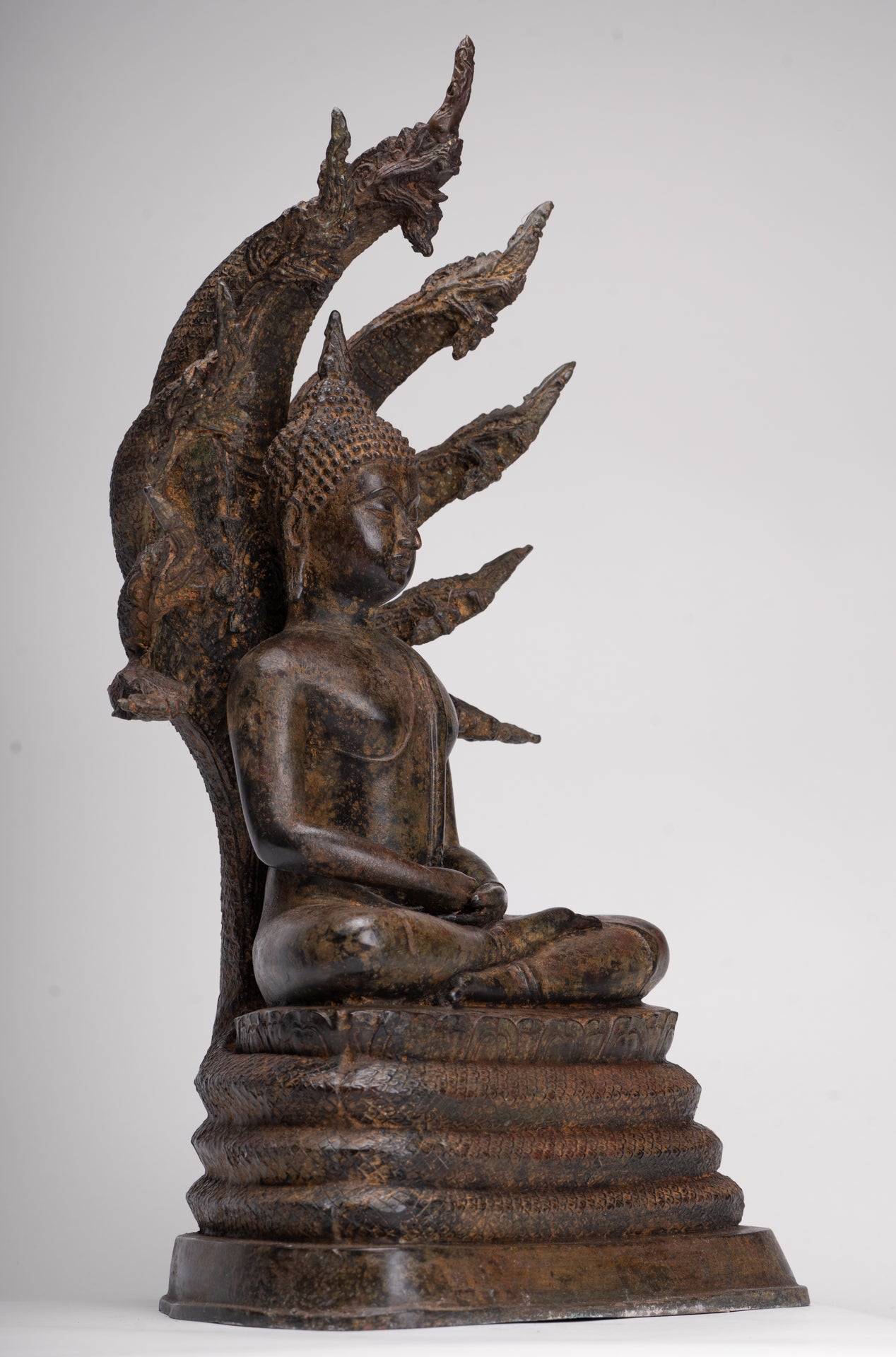 Buddha Statue - Antique Thai Style Seated Bronze Naga Meditation Buddha - 53cm/21"