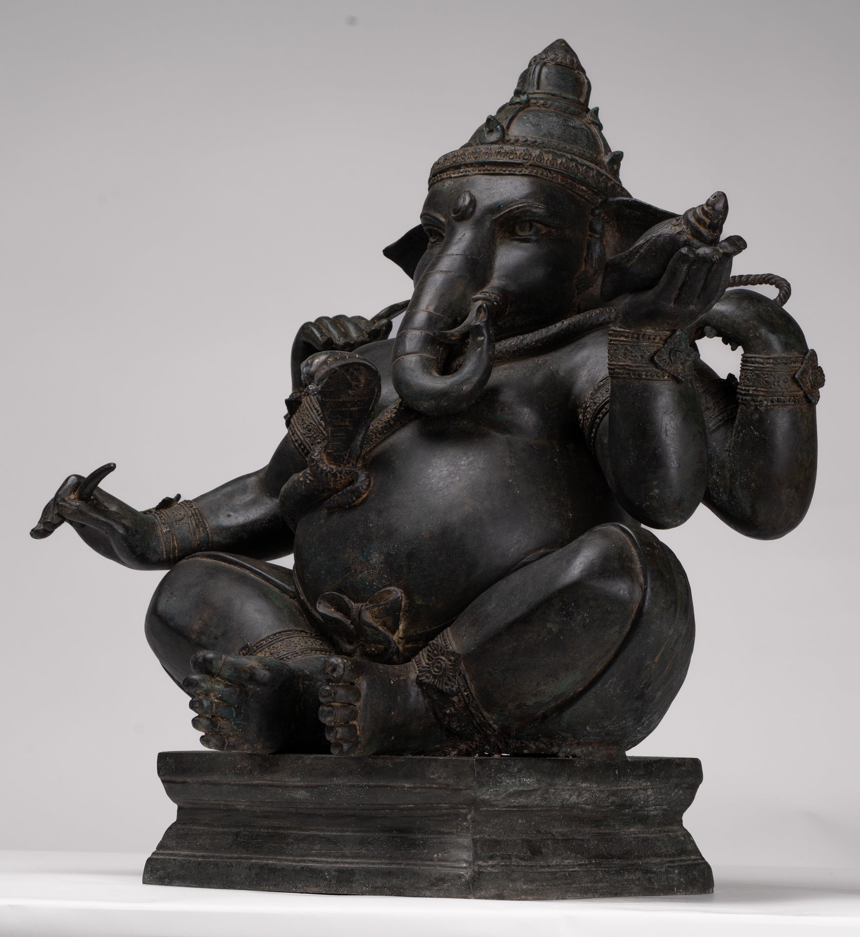 Ganesha Statue - Antique Thai Style Bronze Seated 4-Arm Ganesha Statue - 55cm/22"