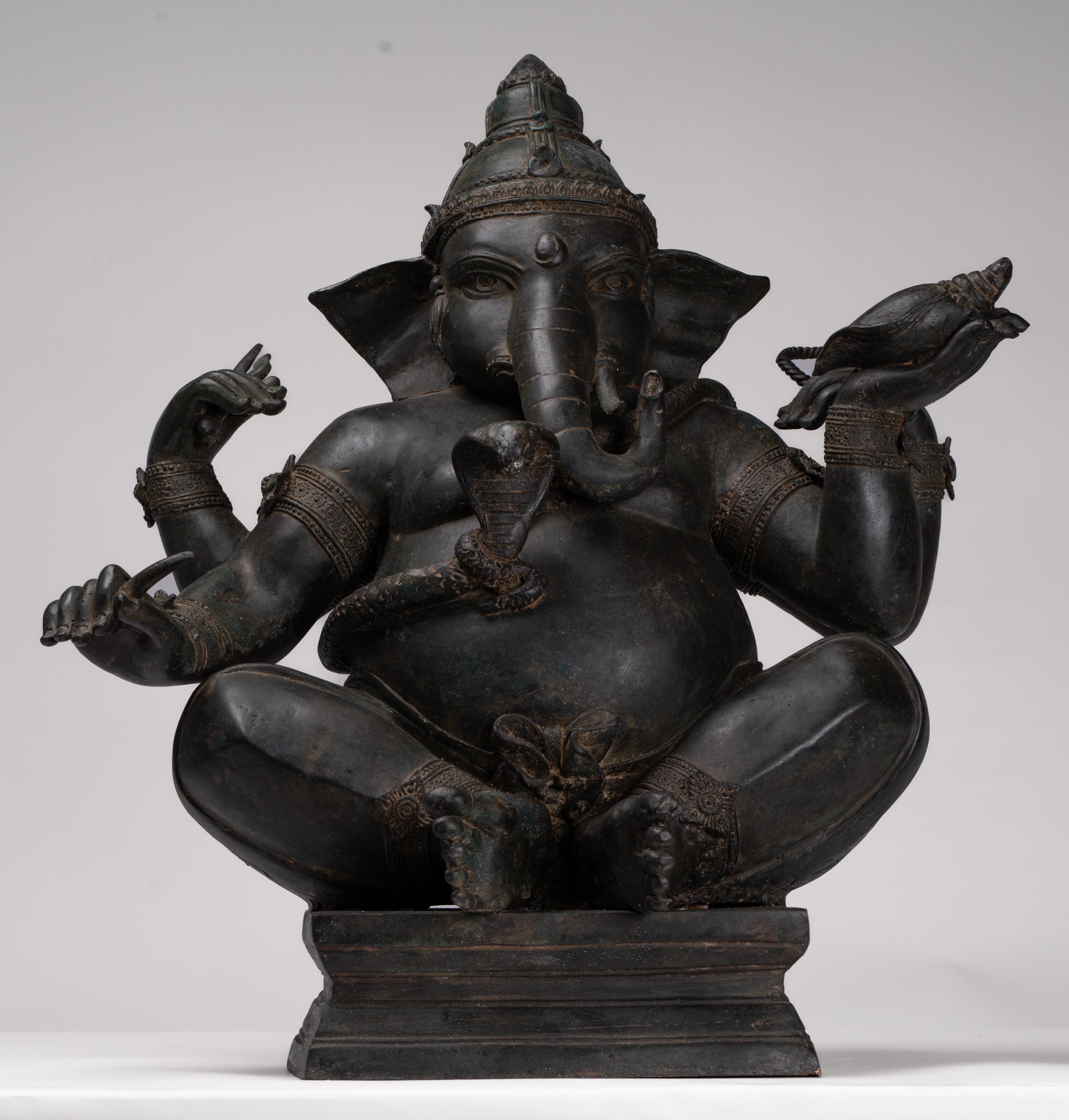 Ganesha Statue - Antique Thai Style Bronze Seated 4-Arm Ganesha Statue - 55cm/22"