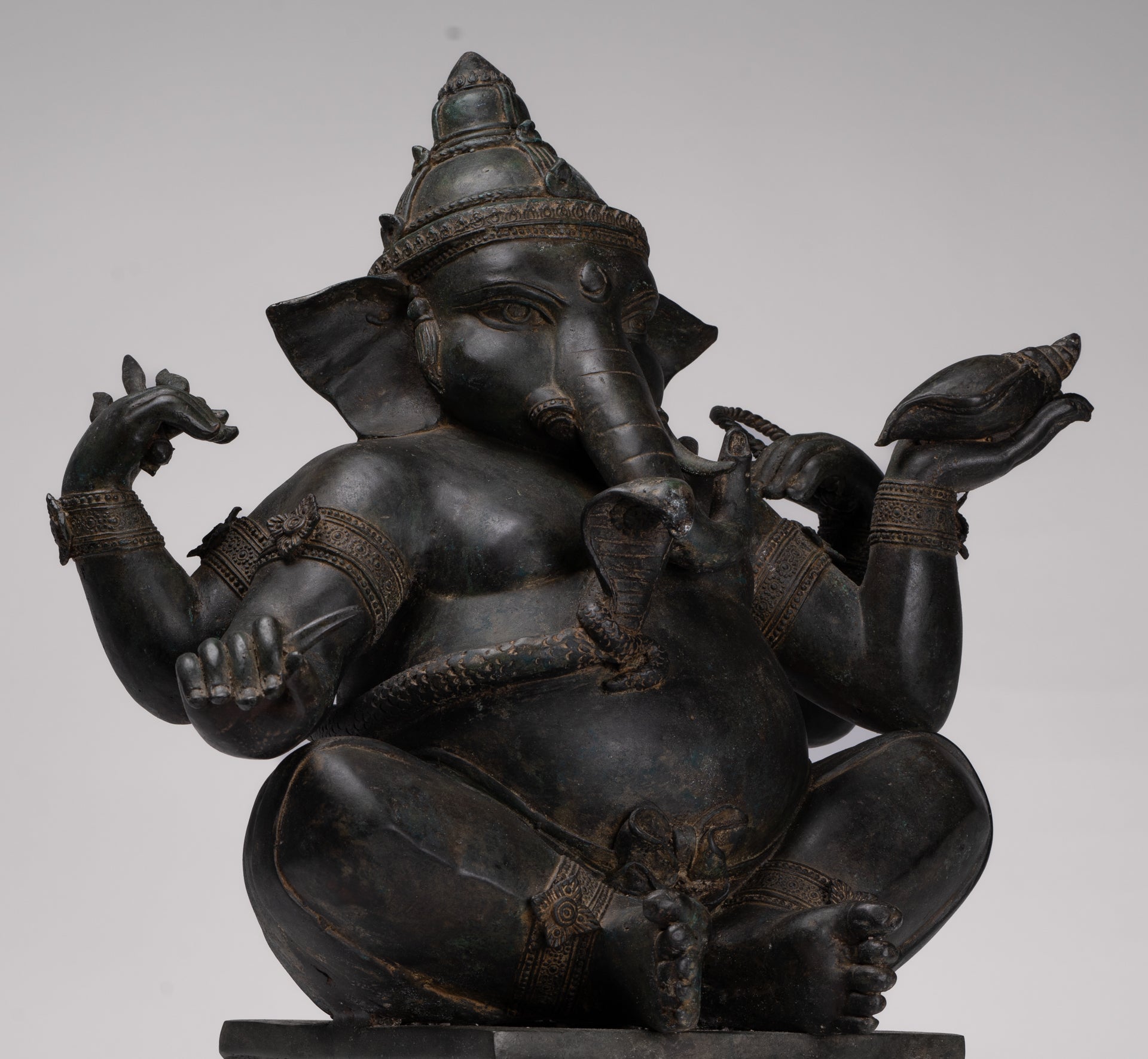 Ganesha Statue - Antique Thai Style Bronze Seated 4-Arm Ganesha Statue - 55cm/22"
