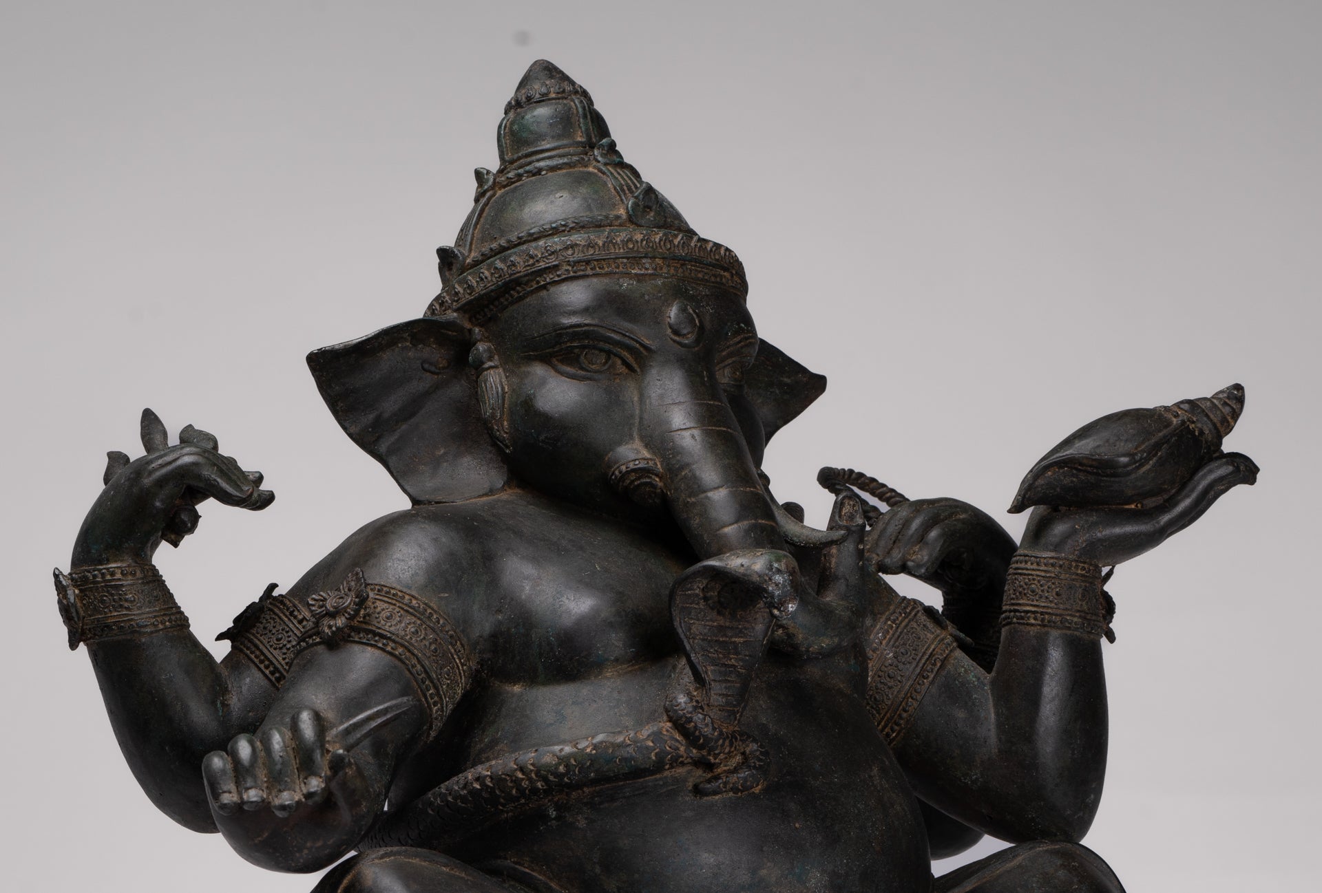Ganesha Statue - Antique Thai Style Bronze Seated 4-Arm Ganesha Statue - 55cm/22"