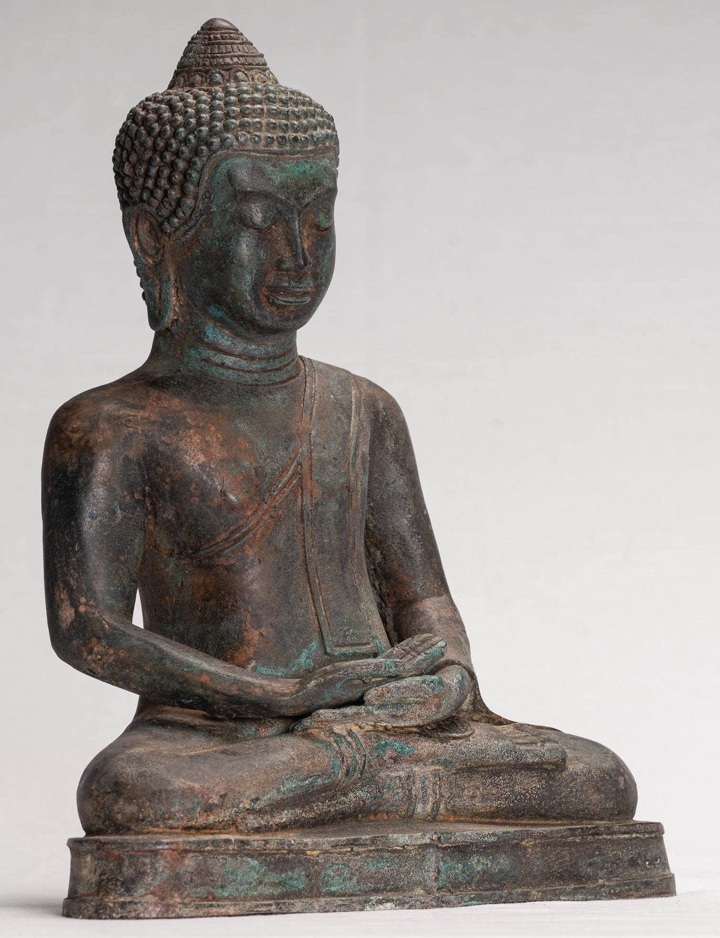 Buddha Statue - Antique Thai Style Seated Bronze Dvaravati Meditation Buddha Statue - 29cm/12"
