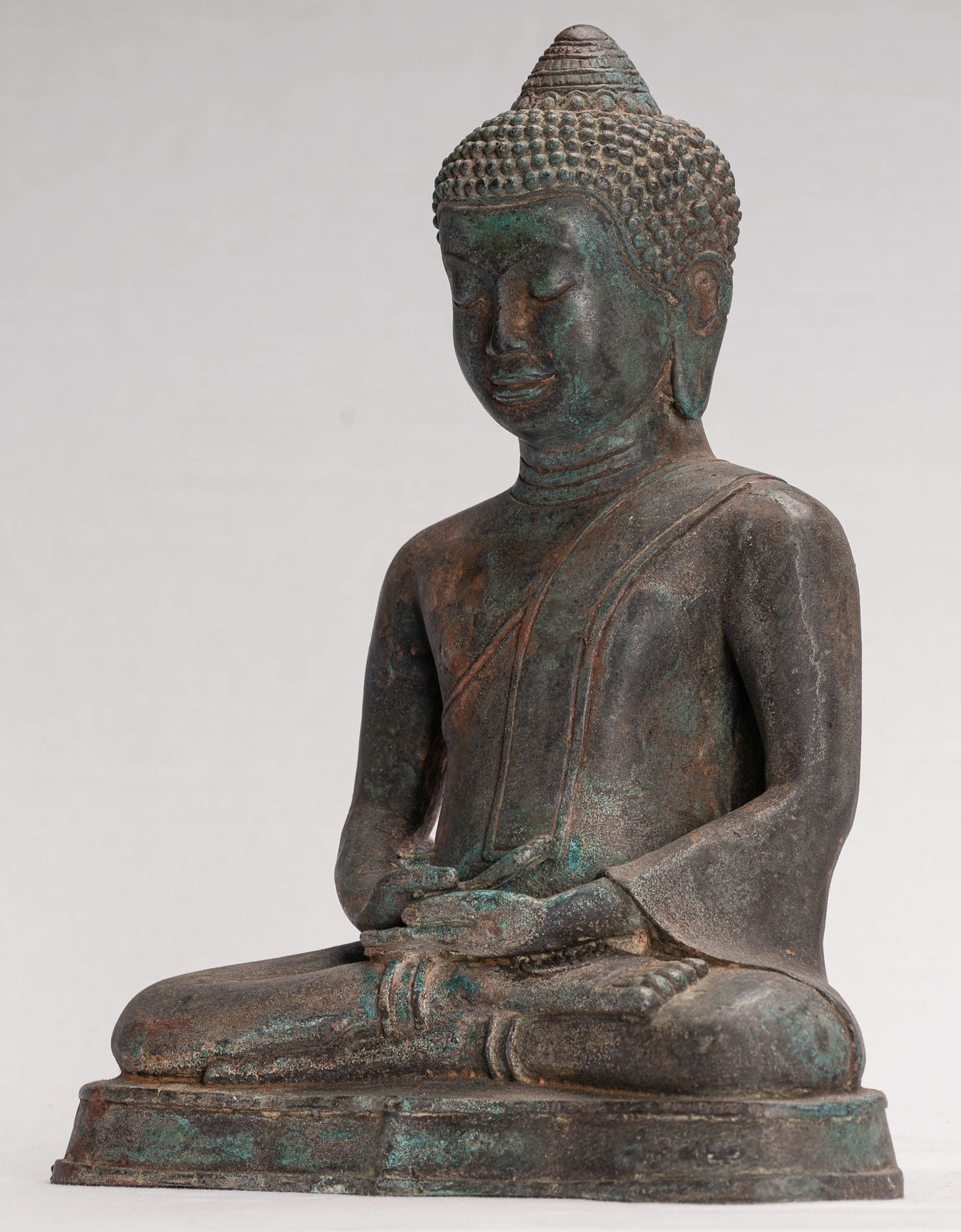 Buddha Statue - Antique Thai Style Seated Bronze Dvaravati Meditation Buddha Statue - 29cm/12"