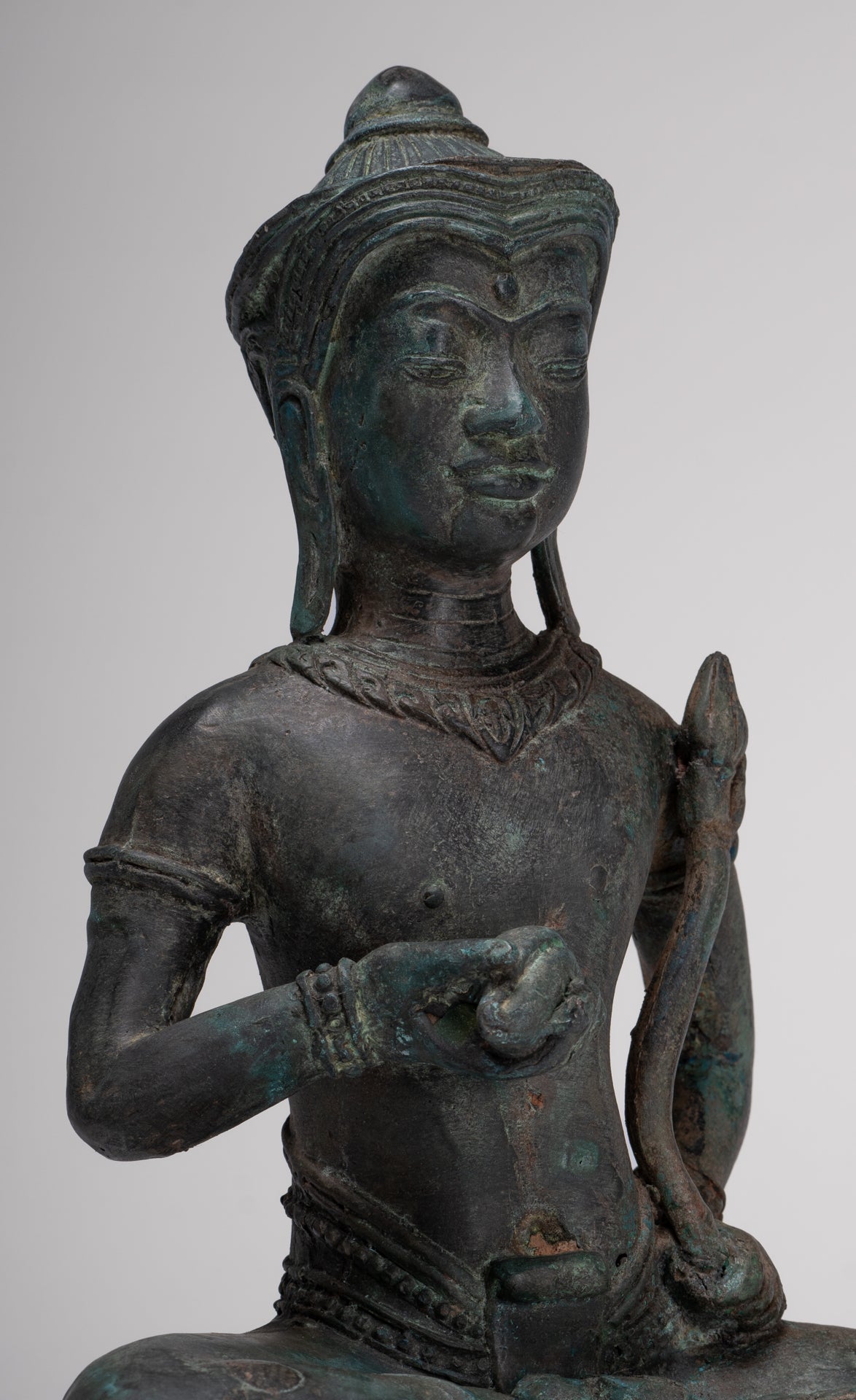 Tara Statue - Antique Java Style Majapahit Seated Bronze Tara Nyurma Pamo - 31cm/12"