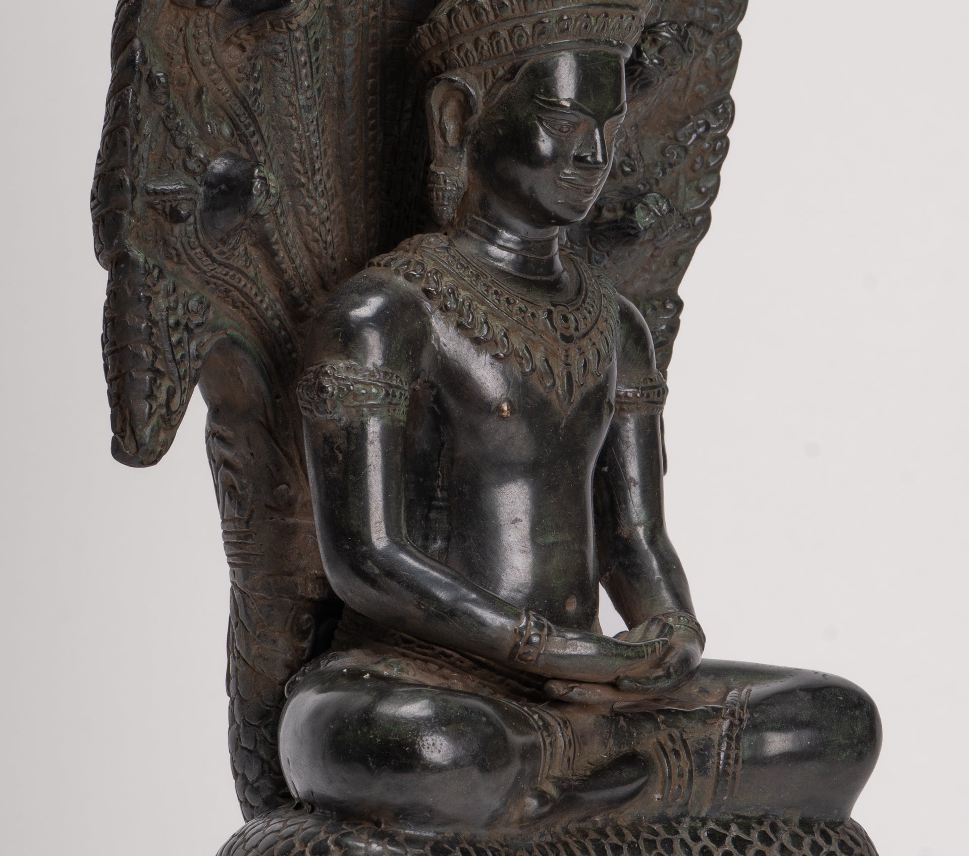 Antique Khmer Style Bronze Seated Meditation Naga Buddha Statue - 52cm/21"