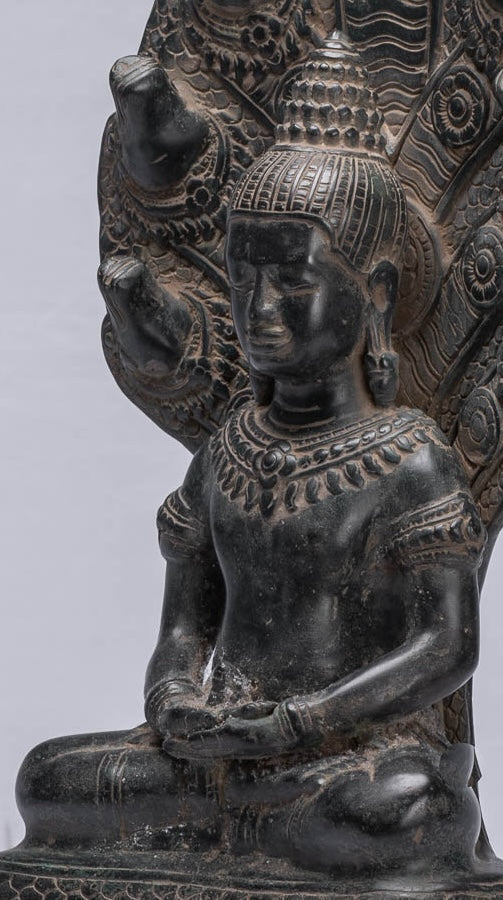 Statue de Bouddha – Bouddha de méditation Naga assis en bronze de style Bayon antique khmer – 43 cm/17"