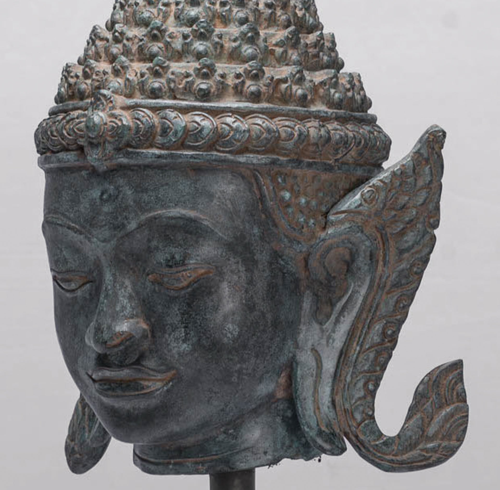 Buddha - Antique Thai Style Bronze Rattanakosin Buddha Head Statue - 66cm/26"