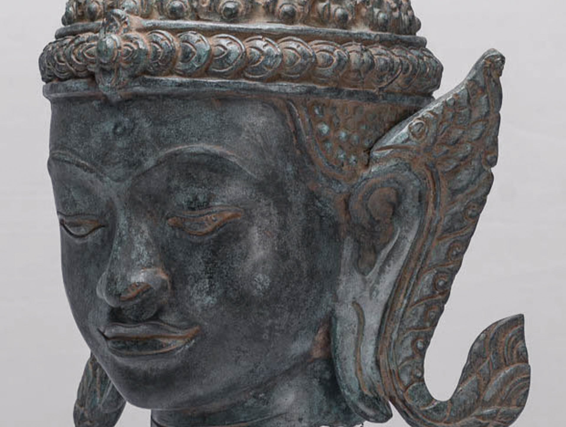 Buddha - Antique Thai Style Bronze Rattanakosin Buddha Head Statue - 66cm/26"