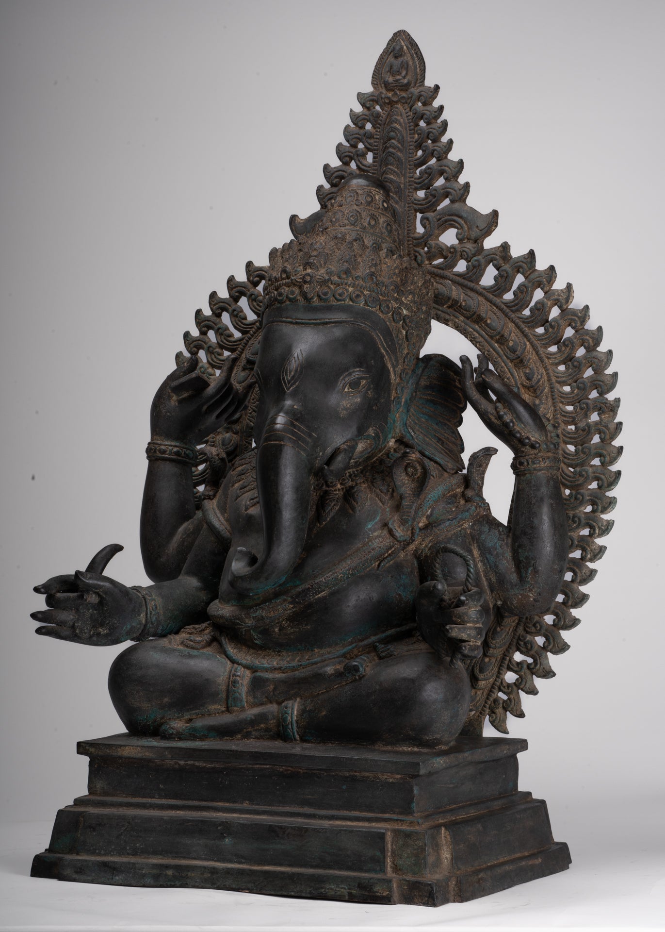 Ganesha Statue - Antique Thai Style Bronze Seated 4-Arm Ganesha Statue - 84cm/34"
