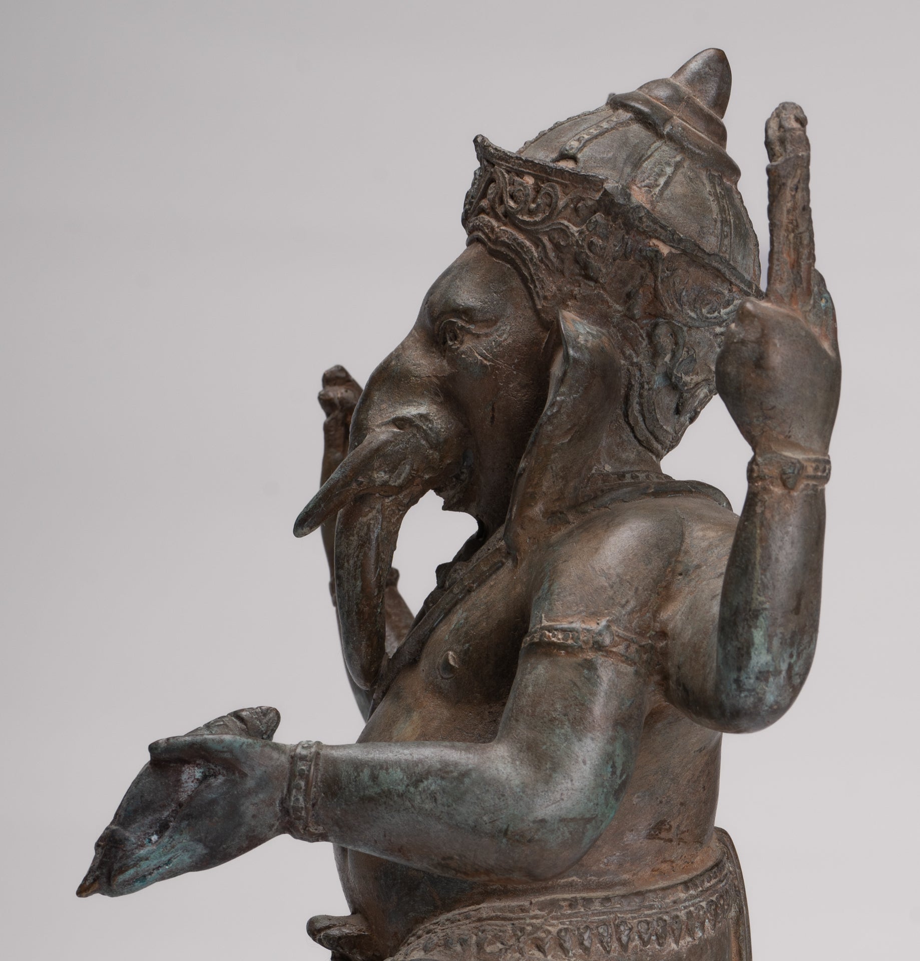 Ganesha Statue - Antique Thai Style Bronze Standing 4-Arm Ganesha Statue - 36cm/14"