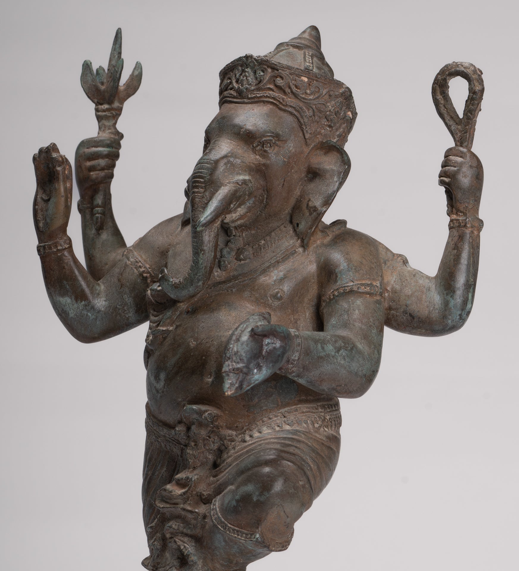 Ganesha Statue - Antique Thai Style Bronze Standing 4-Arm Ganesha Statue - 36cm/14"