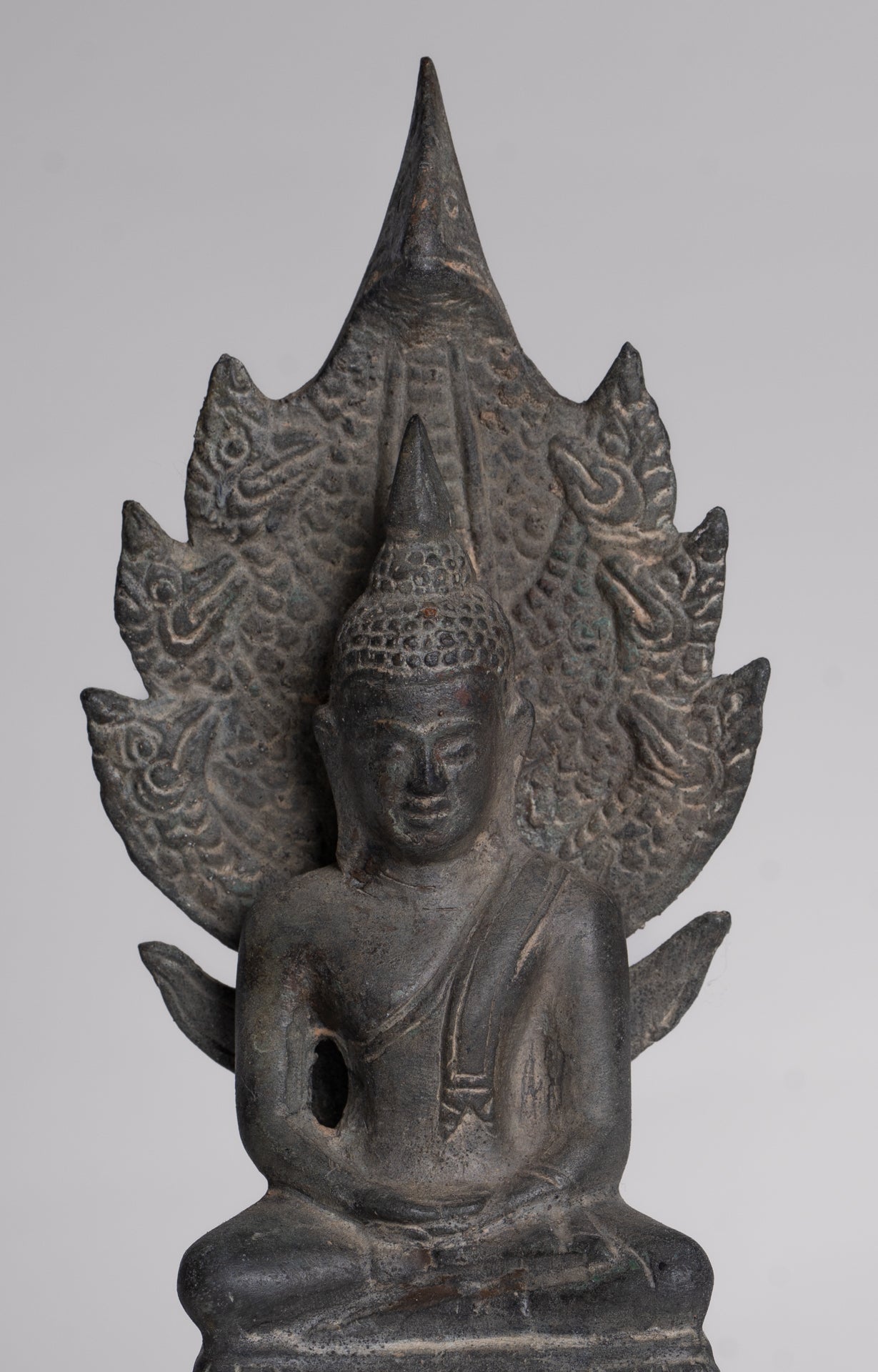 Buddha Statue - Antique Sukhothai Style Bronze Meditating Naga Buddha Statue - 21cm/8"