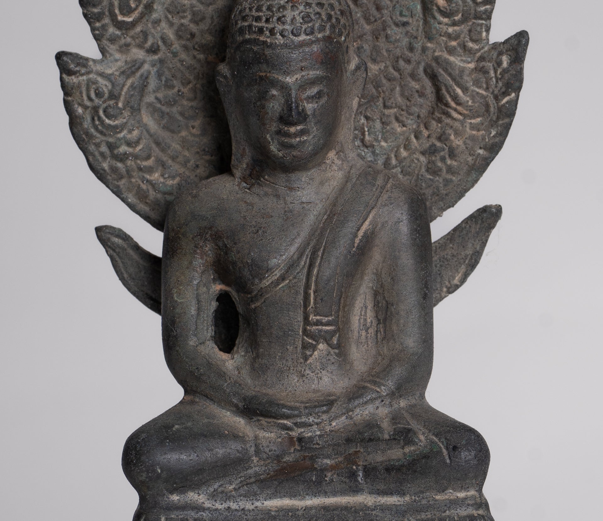Buddha Statue - Antique Sukhothai Style Bronze Meditating Naga Buddha Statue - 21cm/8"