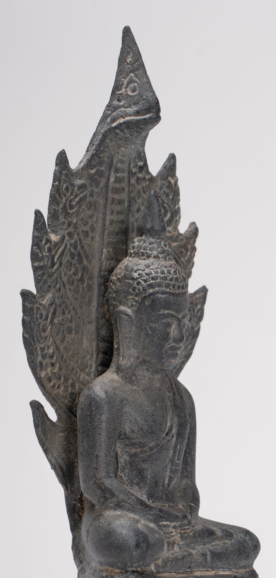 Buddha Statue - Antique Sukhothai Style Bronze Meditating Naga Buddha Statue - 21cm/8"