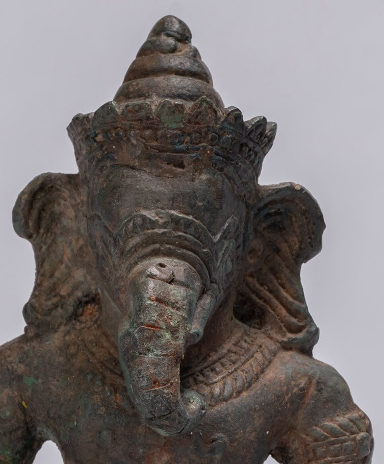 Ganesha Statue - Antique Thai Style Bronze Kneeling Ganesh Statue - 17cm/7"