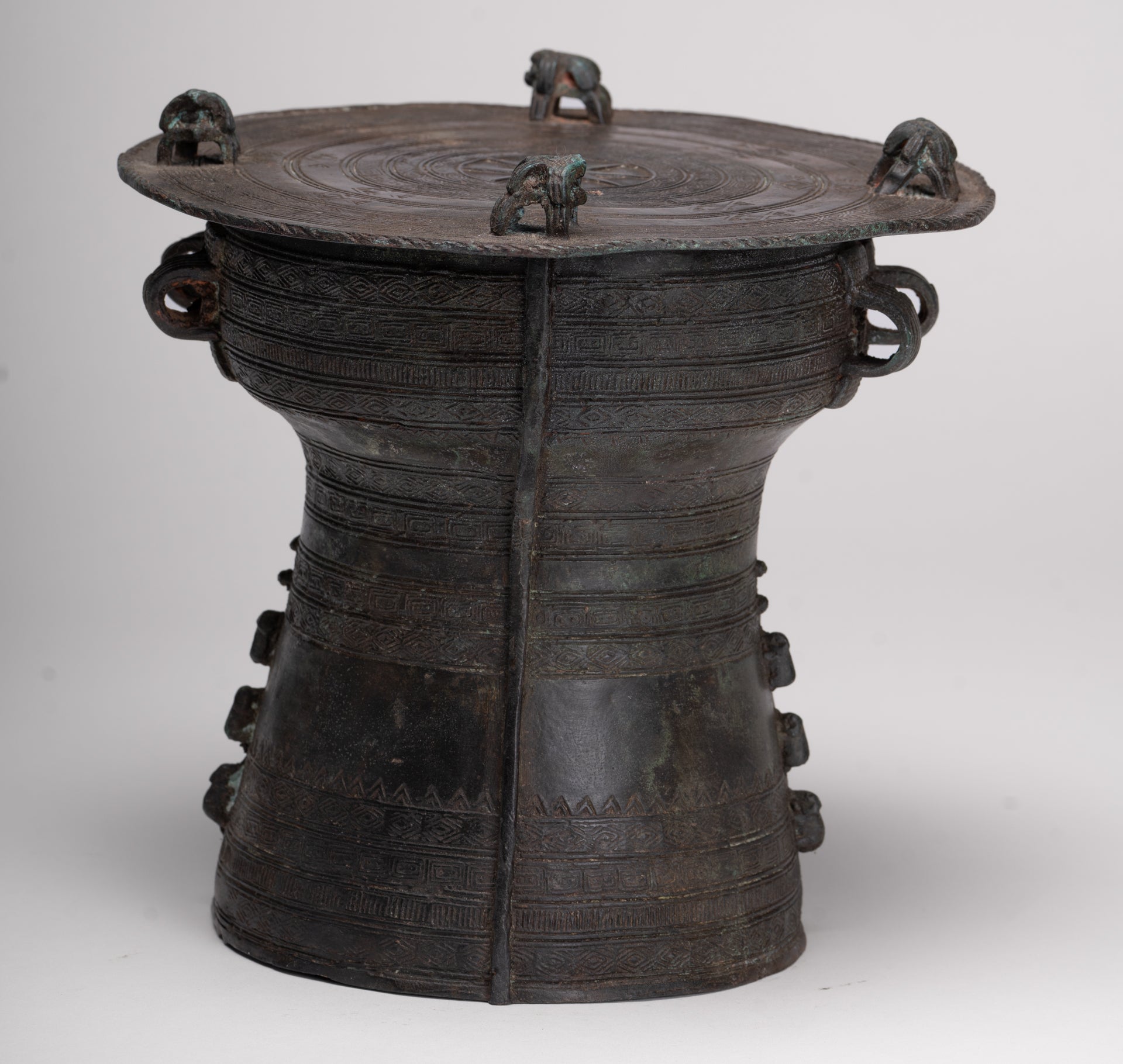 Thai Rain Drum - Antique Thai Style Bronze Free Standing Frog Rain Drum - 21cm/8"