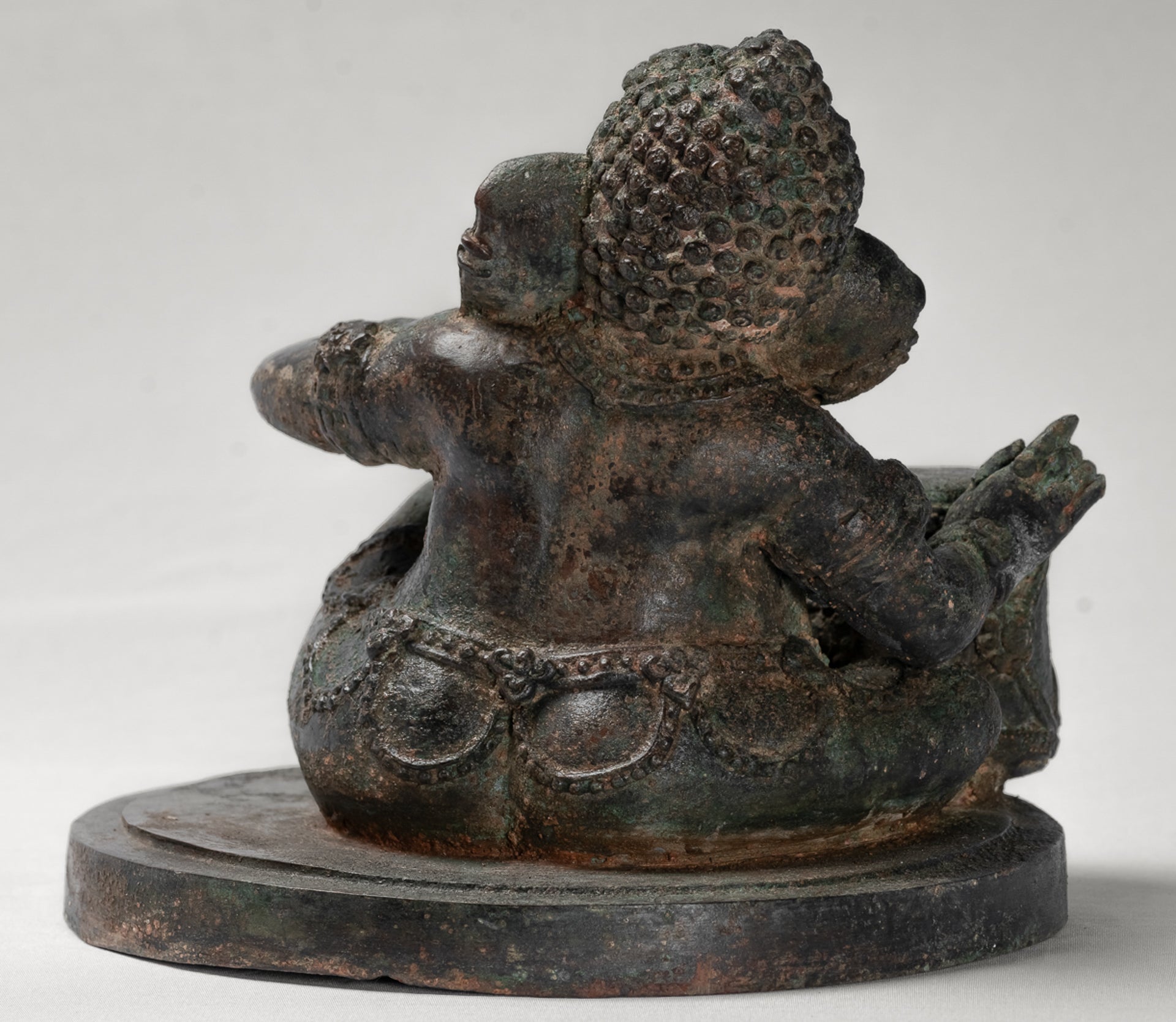 Ganesha Statue - Antique Thai Style Bronze Seated Ganesha Statue with Drum - 20cm/8"