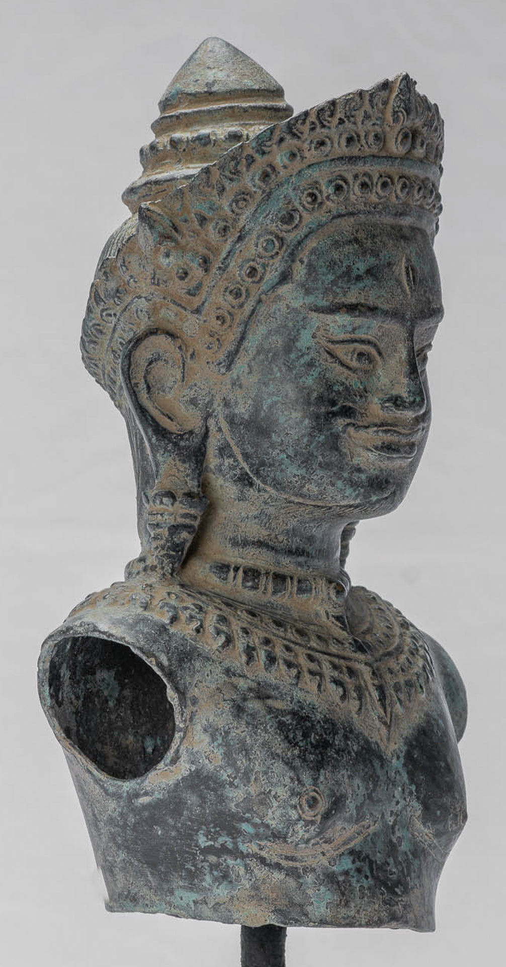 Shiva Statue - Antique Khmer Style Bronze Mounted Shiva Torso Statue - 34cm/14"