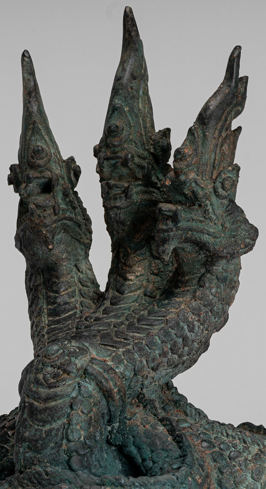 Antique Thai Style Bronze Protective Three Headed Naga, Snake or Serpent Statue - 30cm/12"