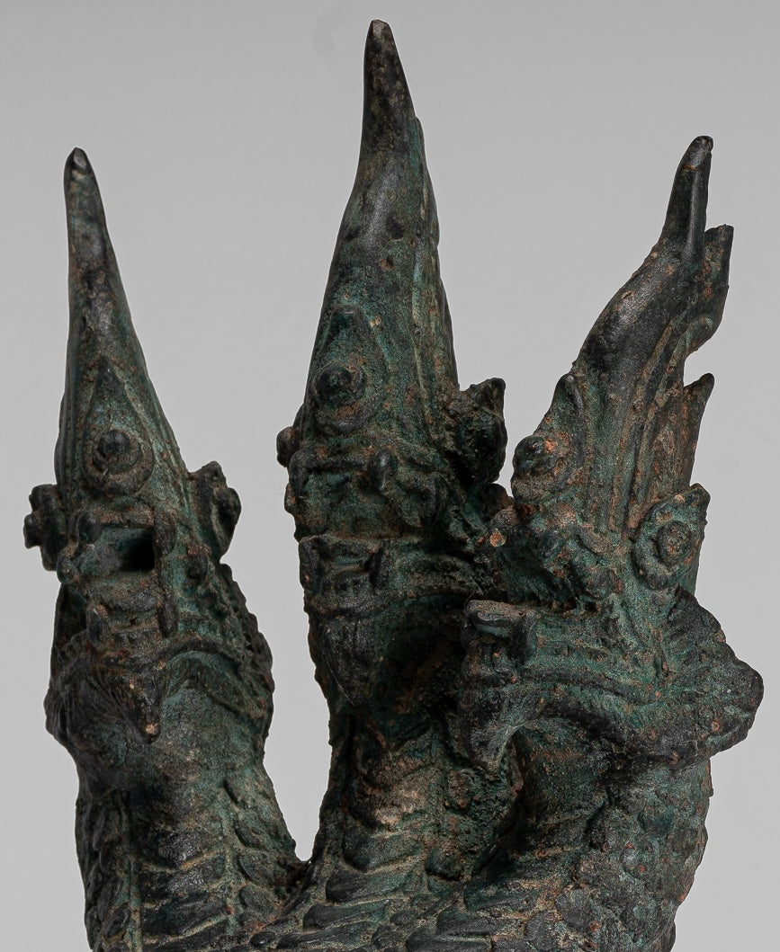 Antique Thai Style Bronze Protective Three Headed Naga, Snake or Serpent Statue - 30cm/12"