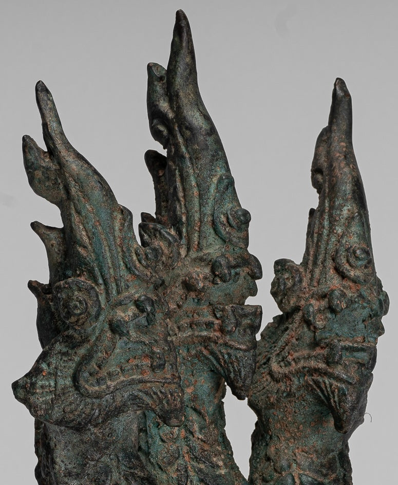 Antique Thai Style Bronze Protective Three Headed Naga, Snake or Serpent Statue - 30cm/12"