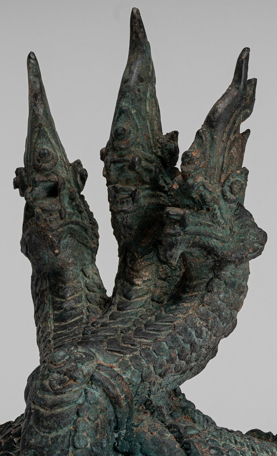Antique Thai Style Bronze Protective Three Headed Naga, Snake or Serpent Statue - 30cm/12"