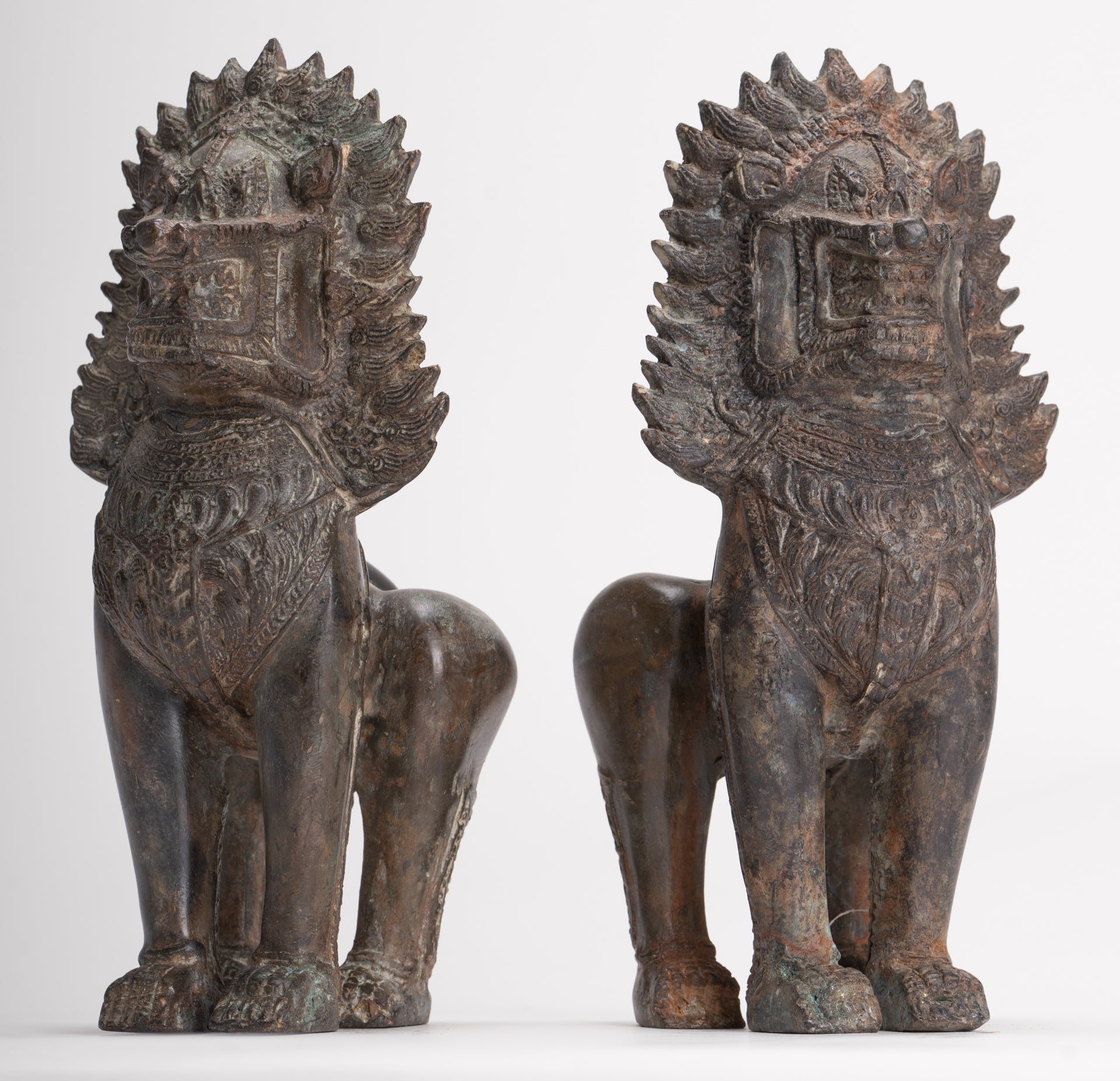Temple Lions - Antique Thai Style Bronze Standing Singha Temple Guardians or Lions - 19cm/8" (Pair)