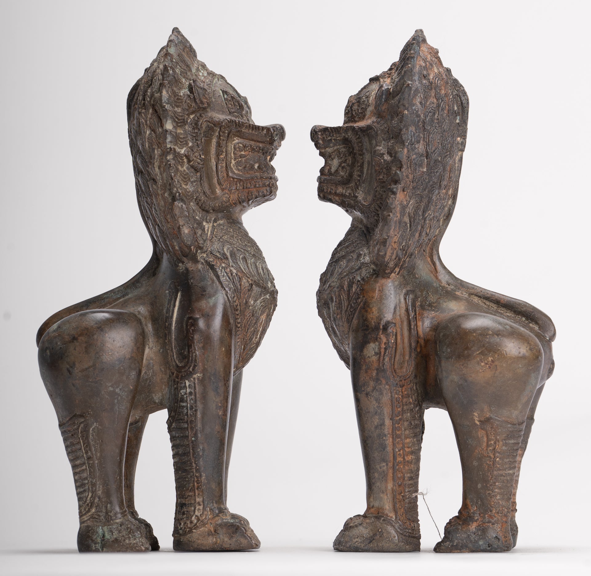 Temple Lions - Antique Thai Style Bronze Standing Singha Temple Guardians or Lions - 19cm/8" (Pair)