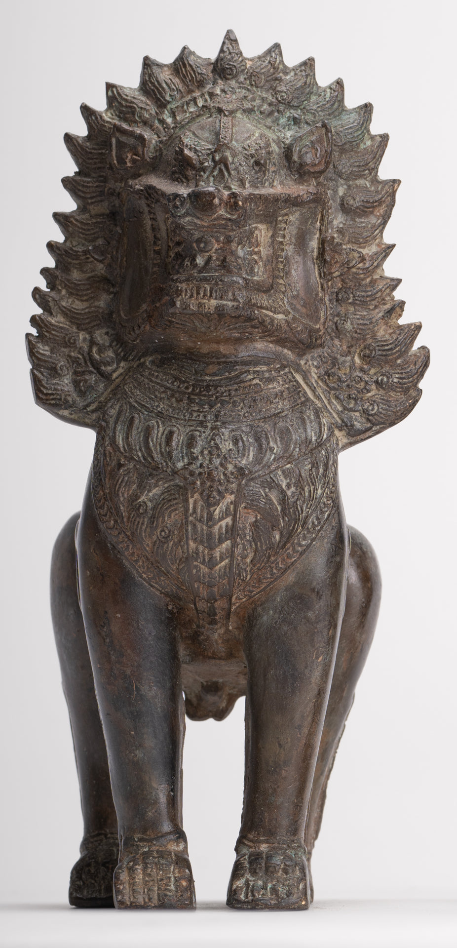 Temple Lions - Antique Thai Style Bronze Standing Singha Temple Guardians or Lions - 19cm/8" (Pair)