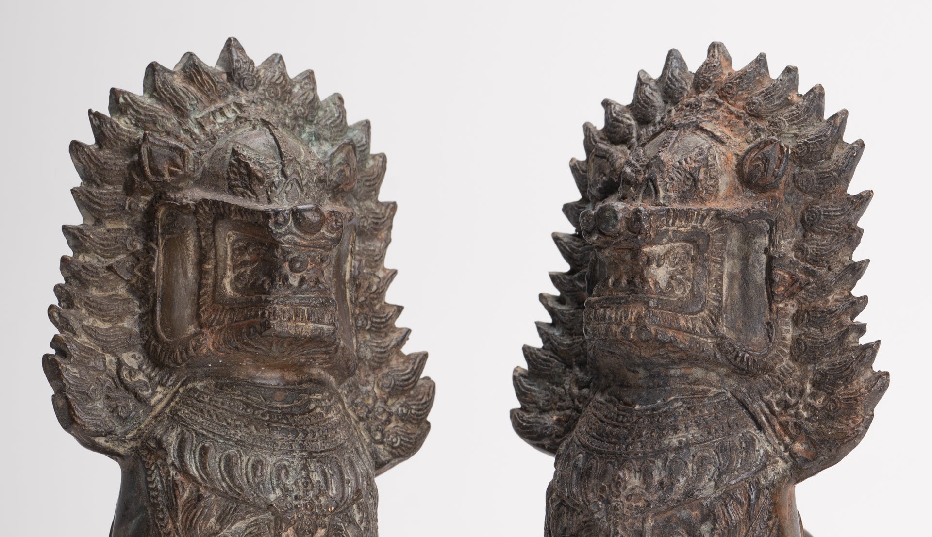 Temple Lions - Antique Thai Style Bronze Standing Singha Temple Guardians or Lions - 19cm/8" (Pair)