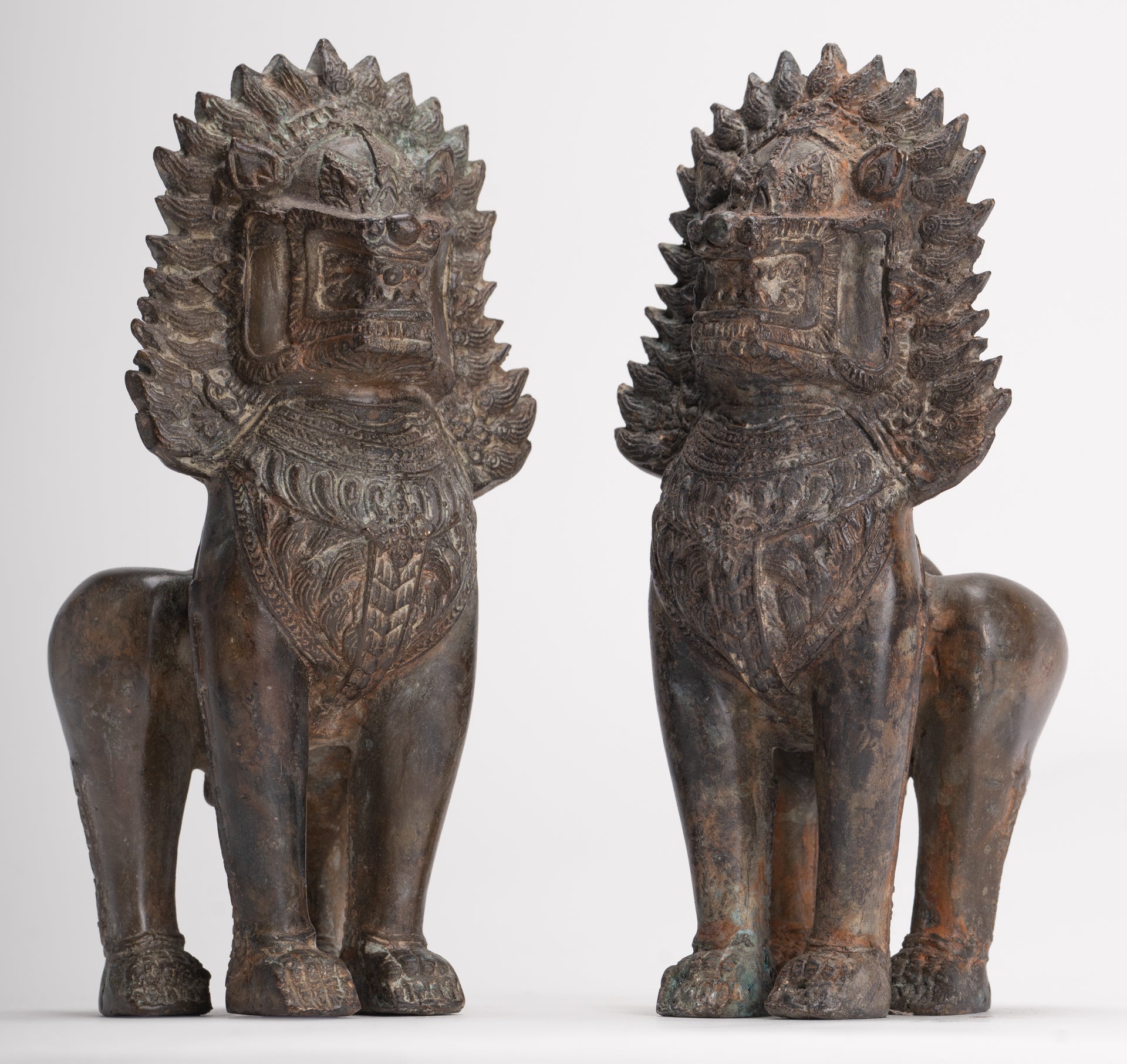 Temple Lions - Antique Thai Style Bronze Standing Singha Temple Guardians or Lions - 19cm/8" (Pair)