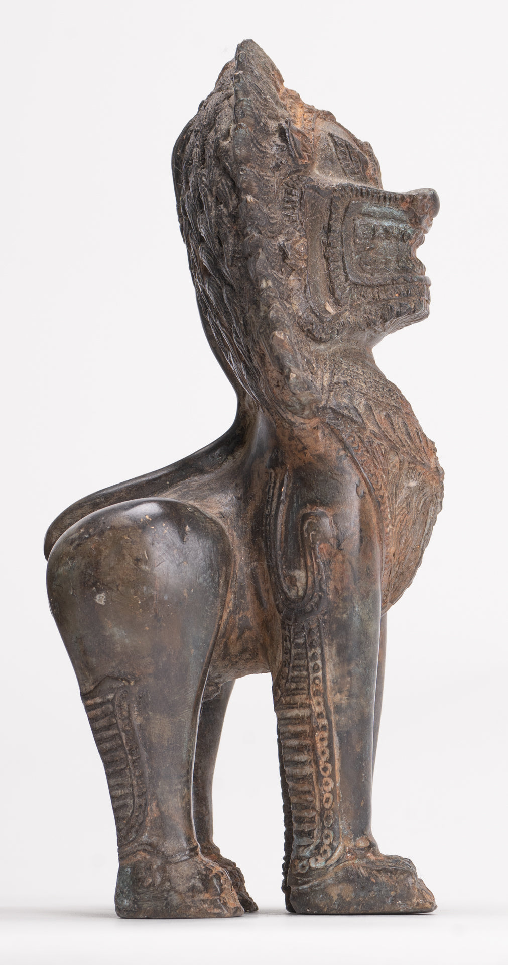 Temple Lions - Antique Thai Style Bronze Standing Singha Temple Guardians or Lions - 19cm/8" (Pair)