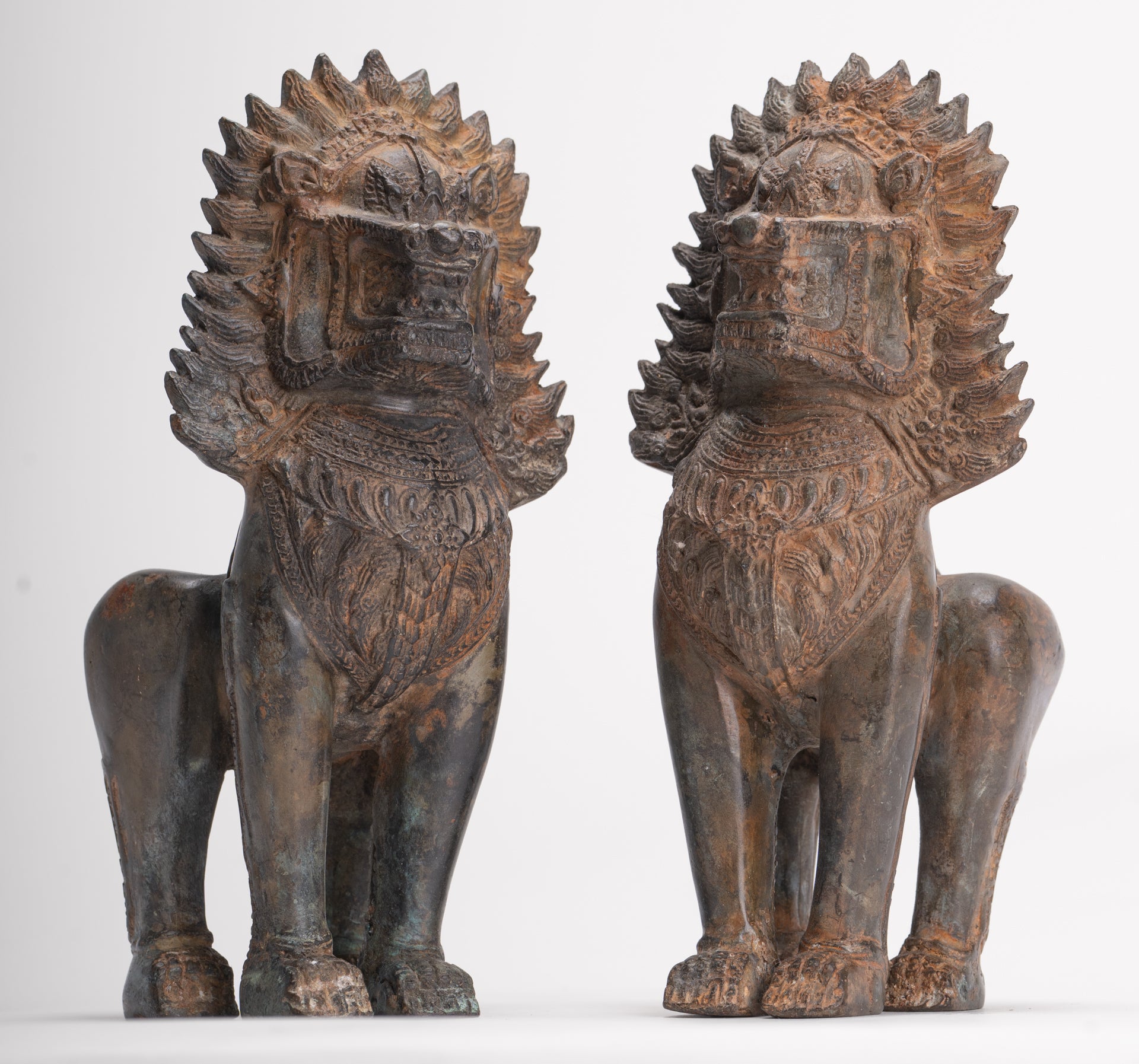Temple Lions - Antique Thai Style Bronze Standing Singha Temple Guardians or Lions - 19cm/8" (Pair)