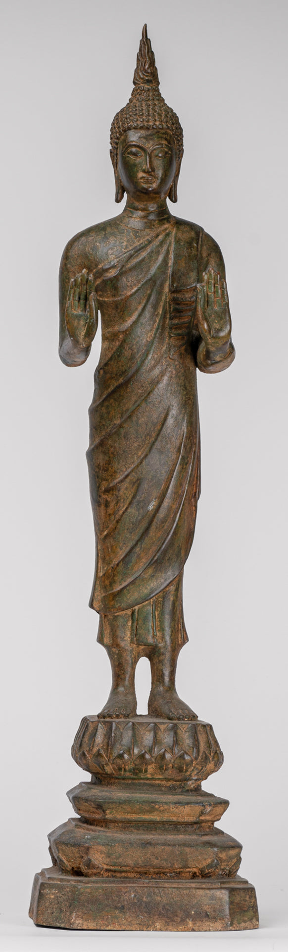 Buddha Statue - Antique Thai Style Bronze Standing Abhaya Protection Buddha Statue - 62cm/25"