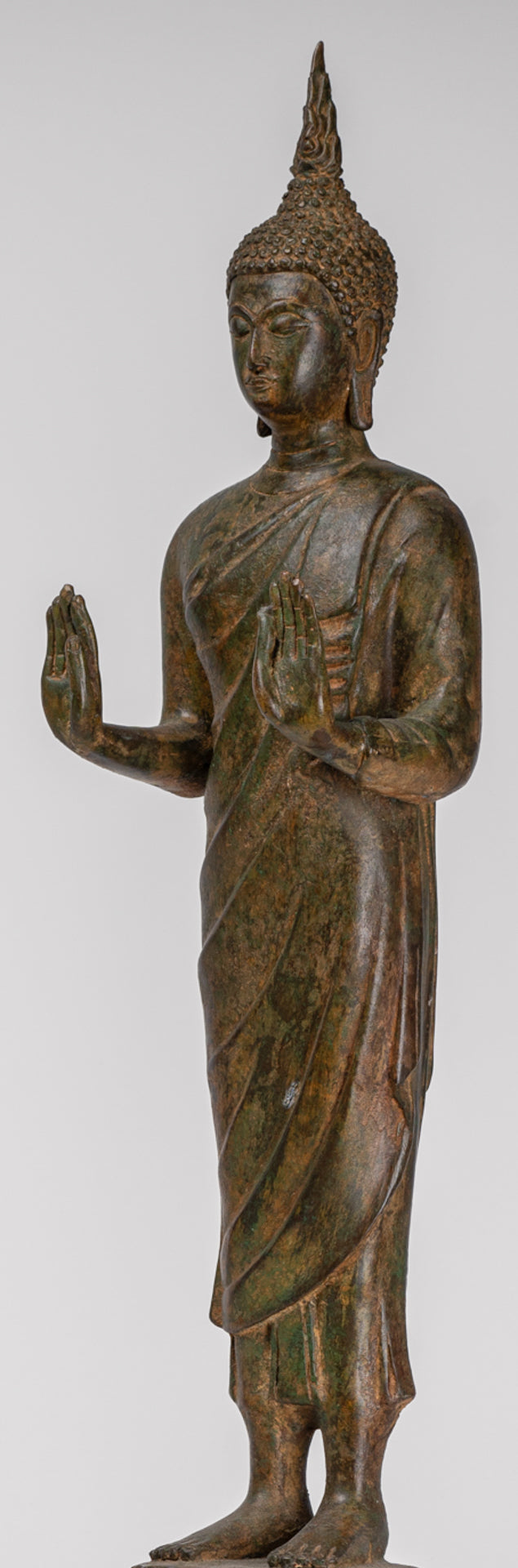 Buddha Statue - Antique Thai Style Bronze Standing Abhaya Protection Buddha Statue - 62cm/25"