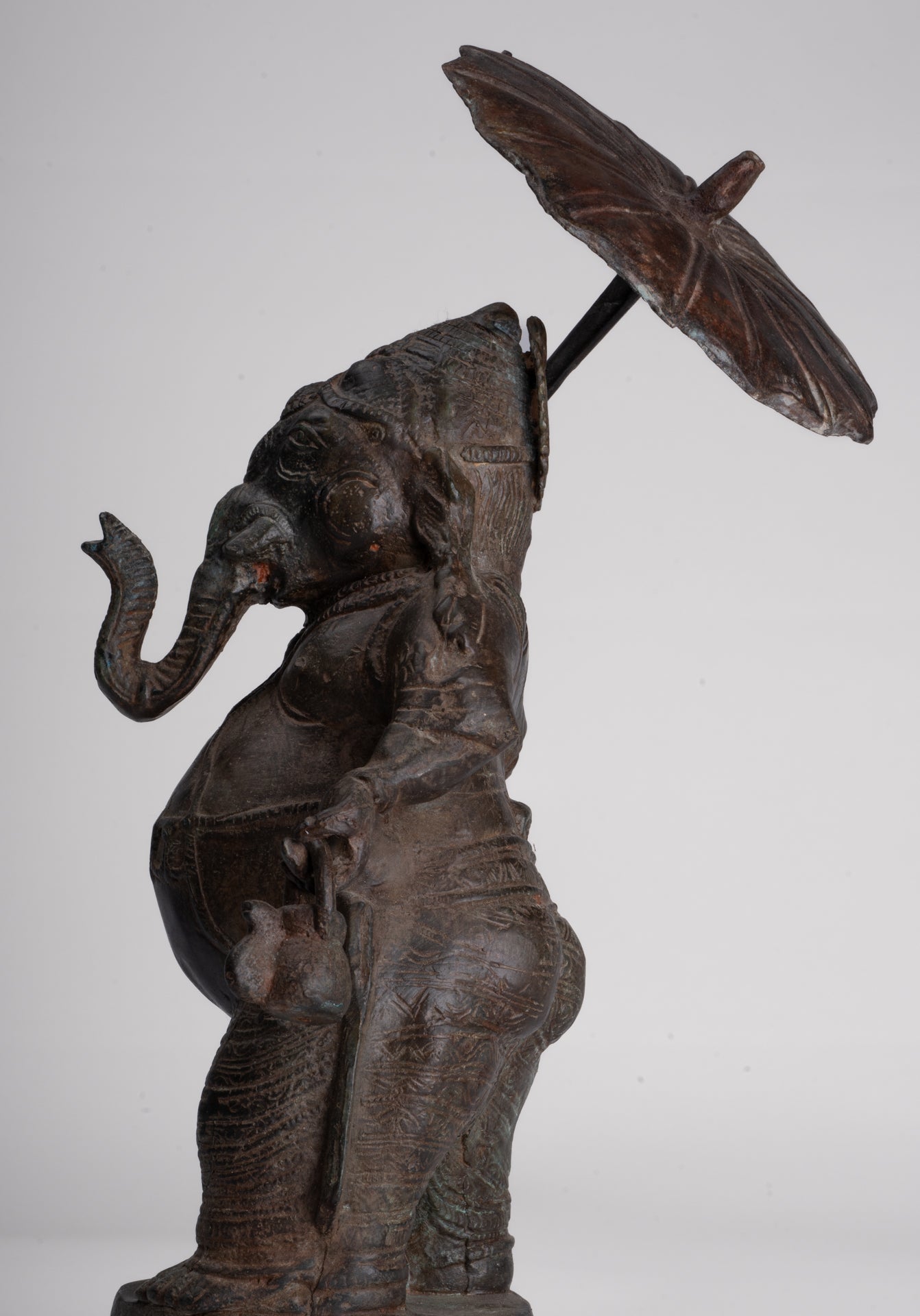 Antique Chola Style Standing Bronze Bridegroom or Mappilai Ganesha Statue w/Umbrella - 37cm/15"